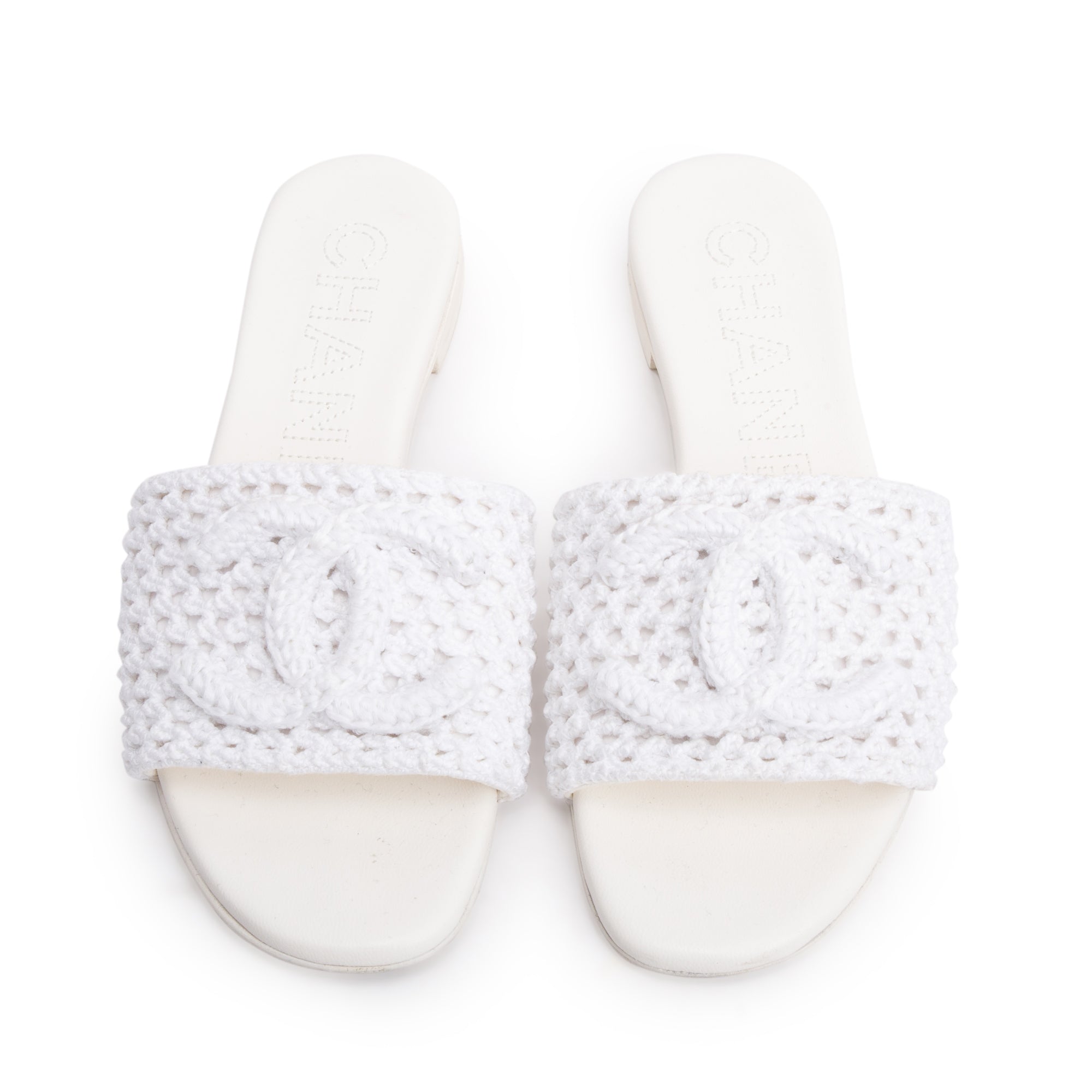 Chanel White Calfskin Leather Crochet CC Mules Sandals, Size 35