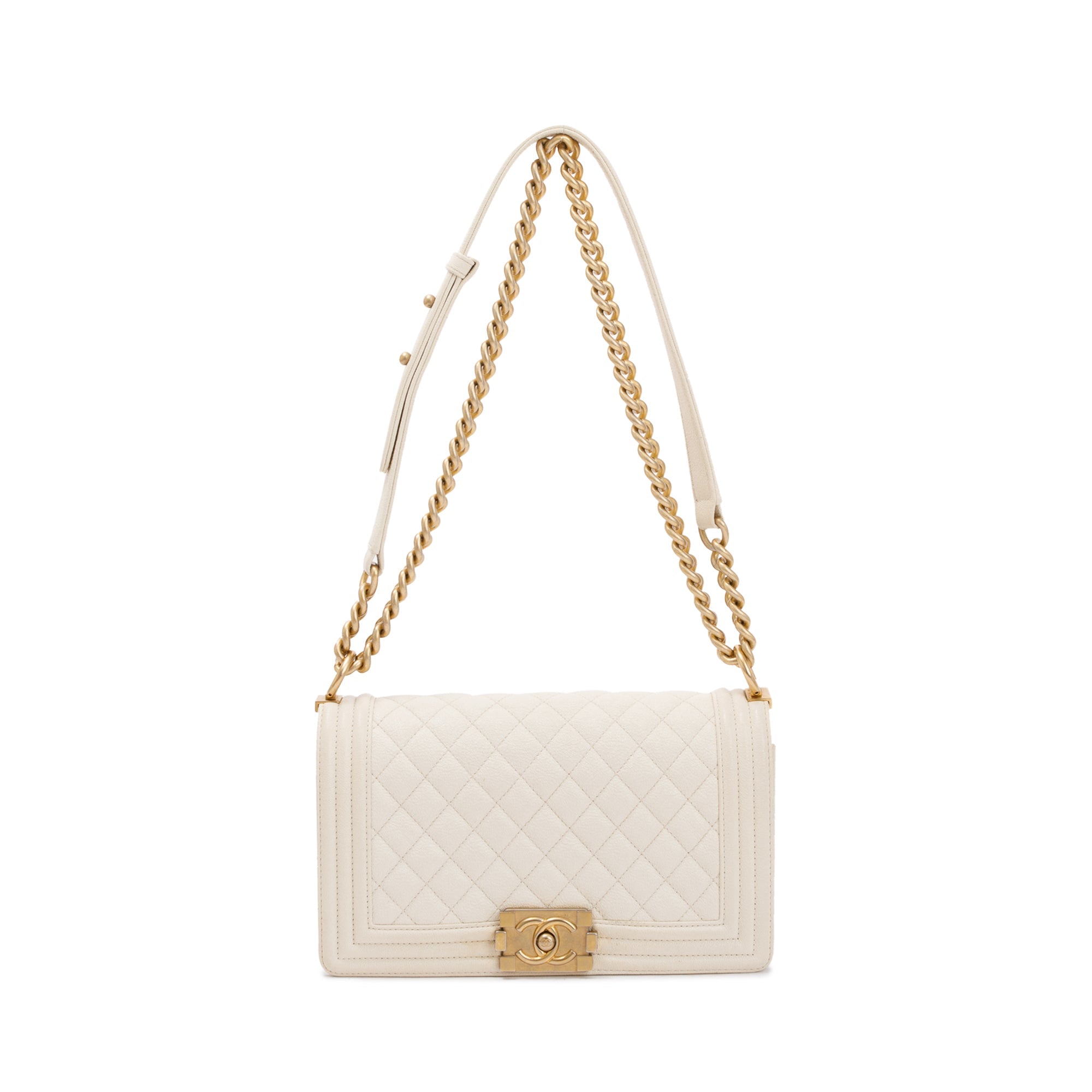 Chanel White Calfskin Leather Medium Boy Bag w/ Authenticity Card