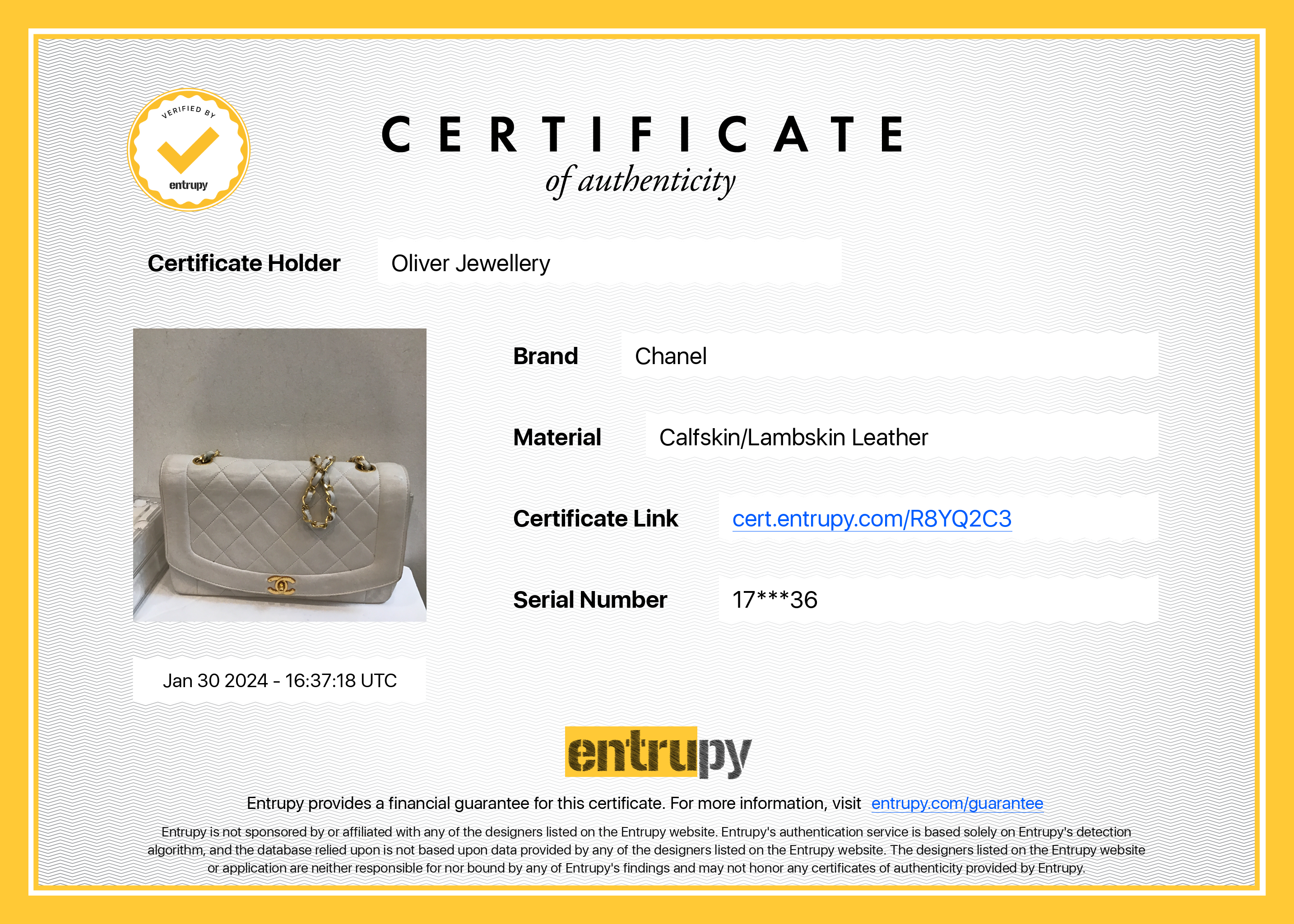 Chanel White Calfskin Leather Medium Diana Flap Bag w/ Authenticity Card