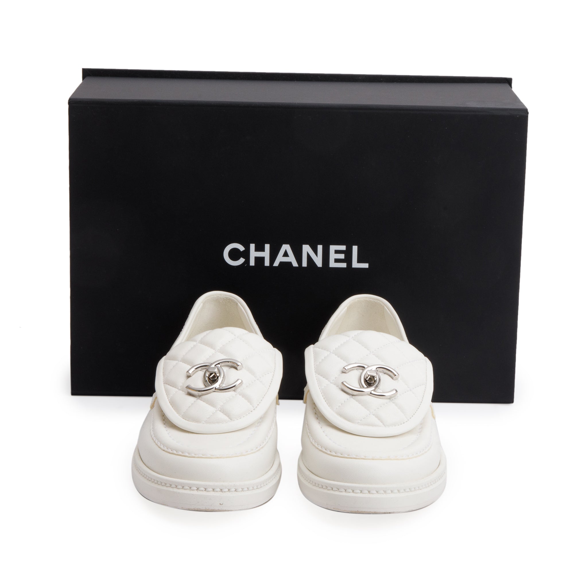 Chanel White Calfskin Leather Quilted CC Logo Loafer, Size 36 w/ Box