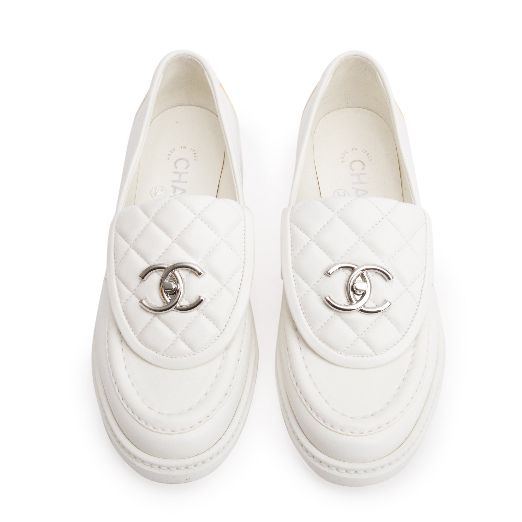 Chanel White Calfskin Leather Quilted CC Logo Loafer, Size 36 w/ Box