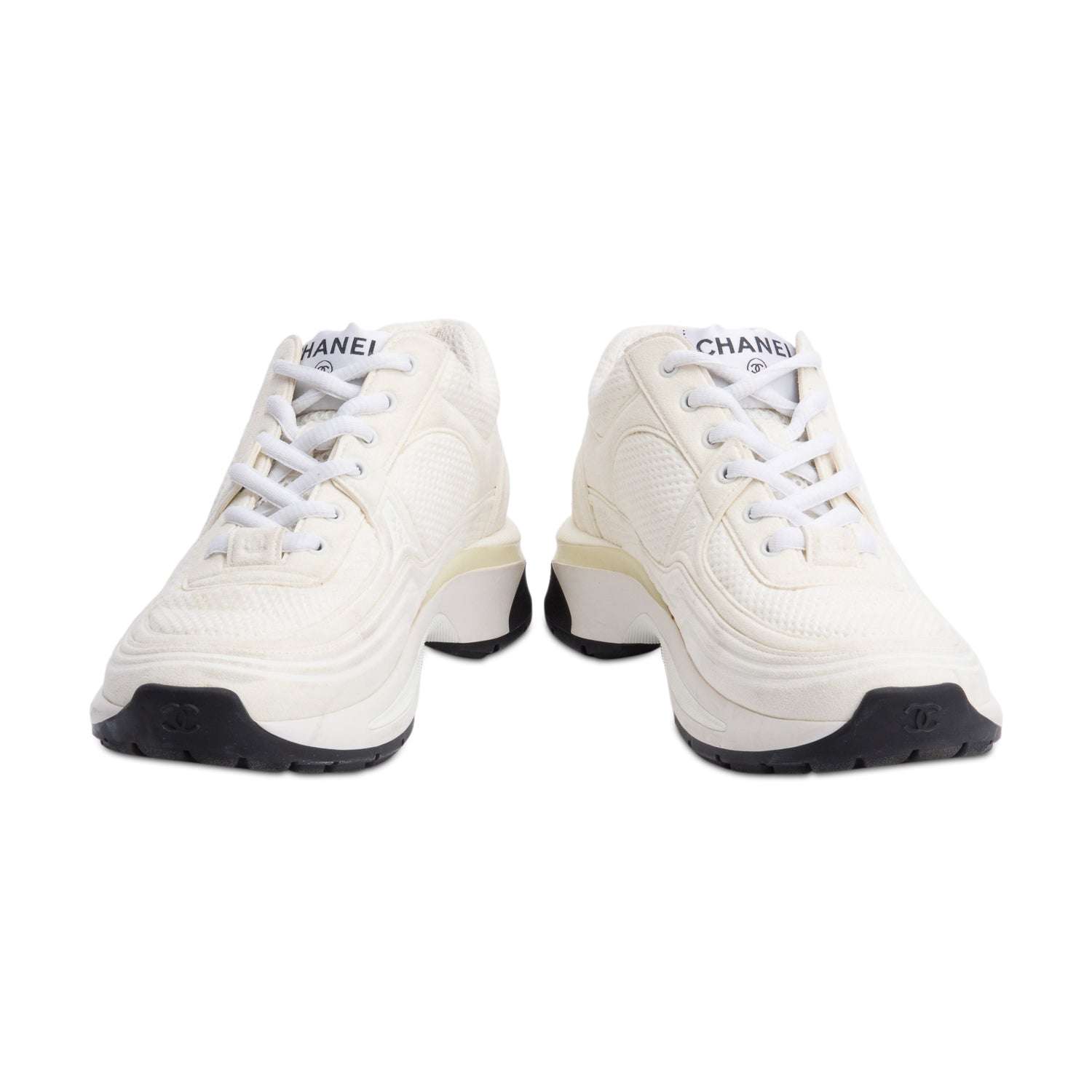 Chanel White Calfskin Nylon Suede CC Logo Sneakers, Size 35