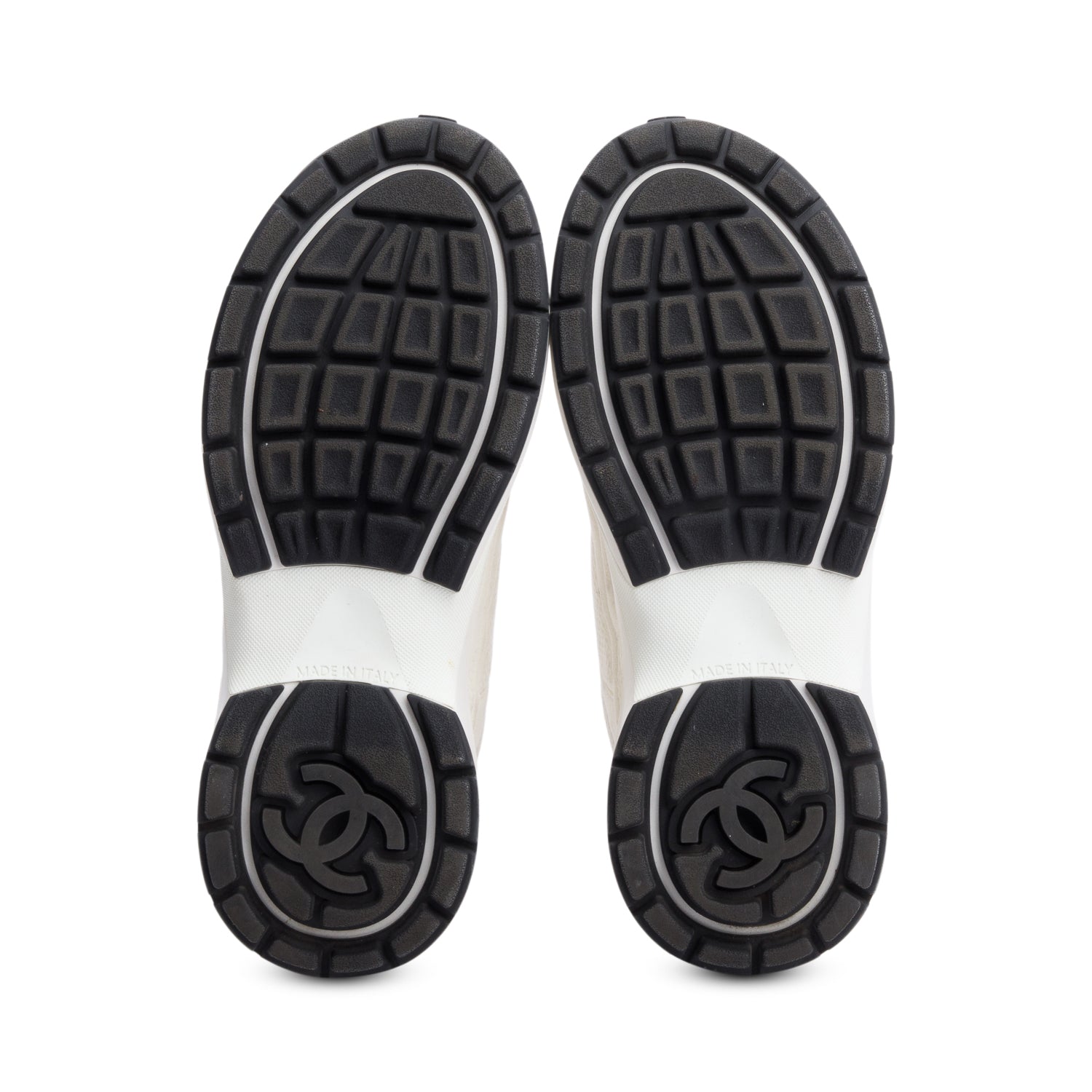 Chanel White Calfskin Nylon Suede CC Logo Sneakers, Size 35