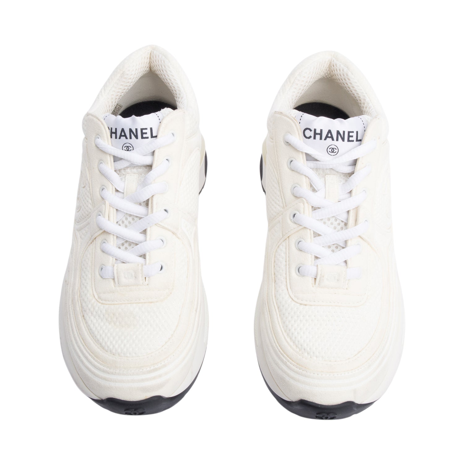 Chanel White Calfskin Nylon Suede CC Logo Sneakers, Size 35