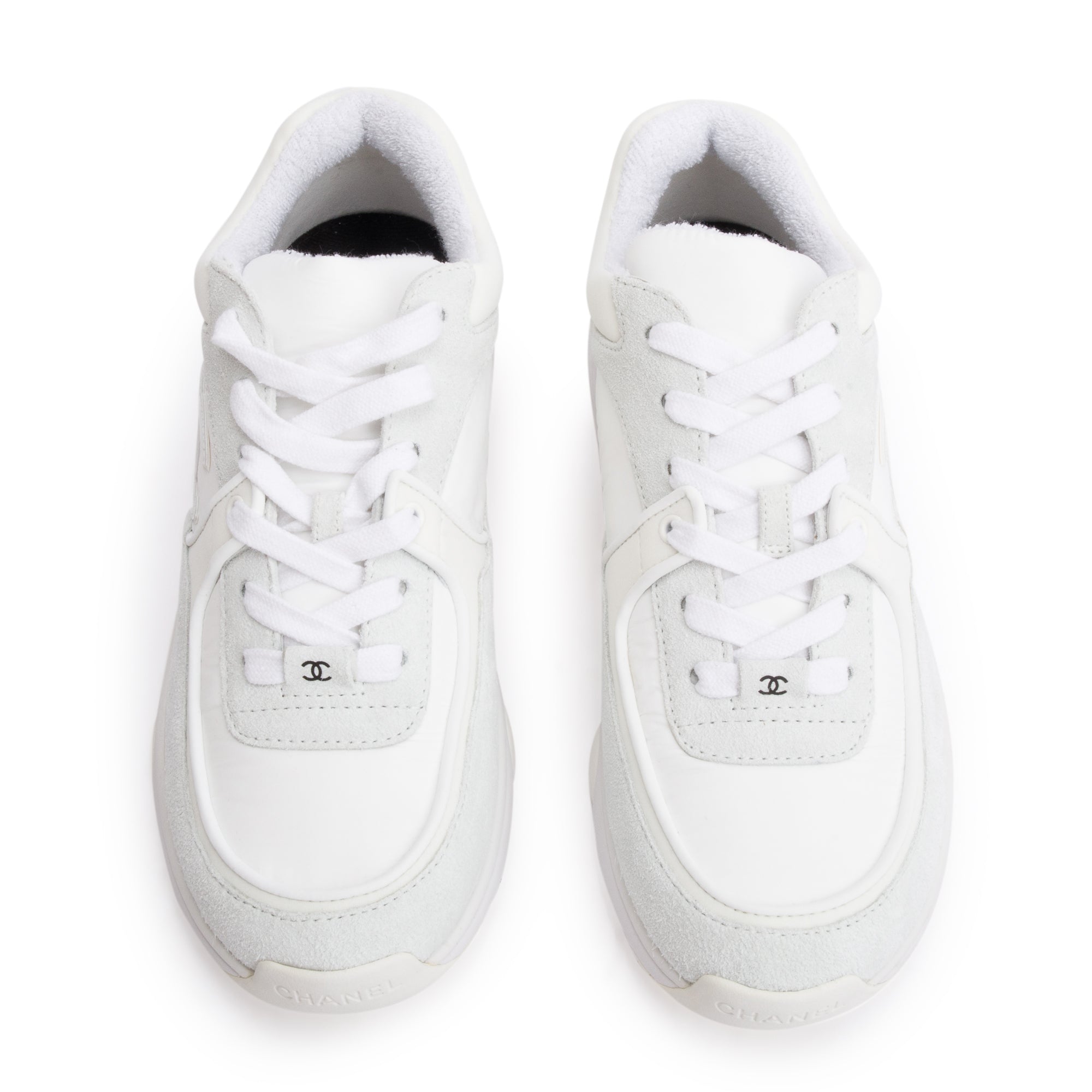 Chanel White Calfskin Nylon Suede CC Logo Sneakers, Size 37.5 w/ Box