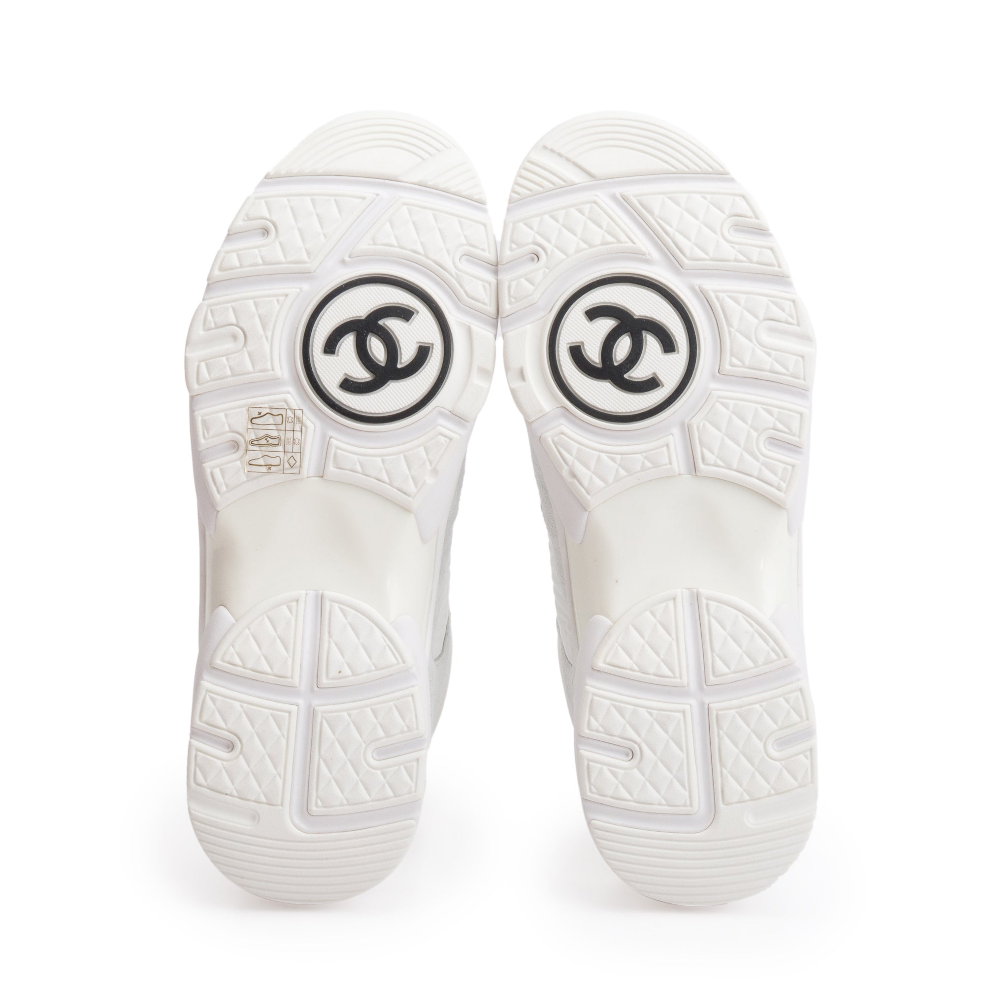 Chanel White Calfskin Nylon Suede CC Logo Sneakers, Size 37.5 w/ Box