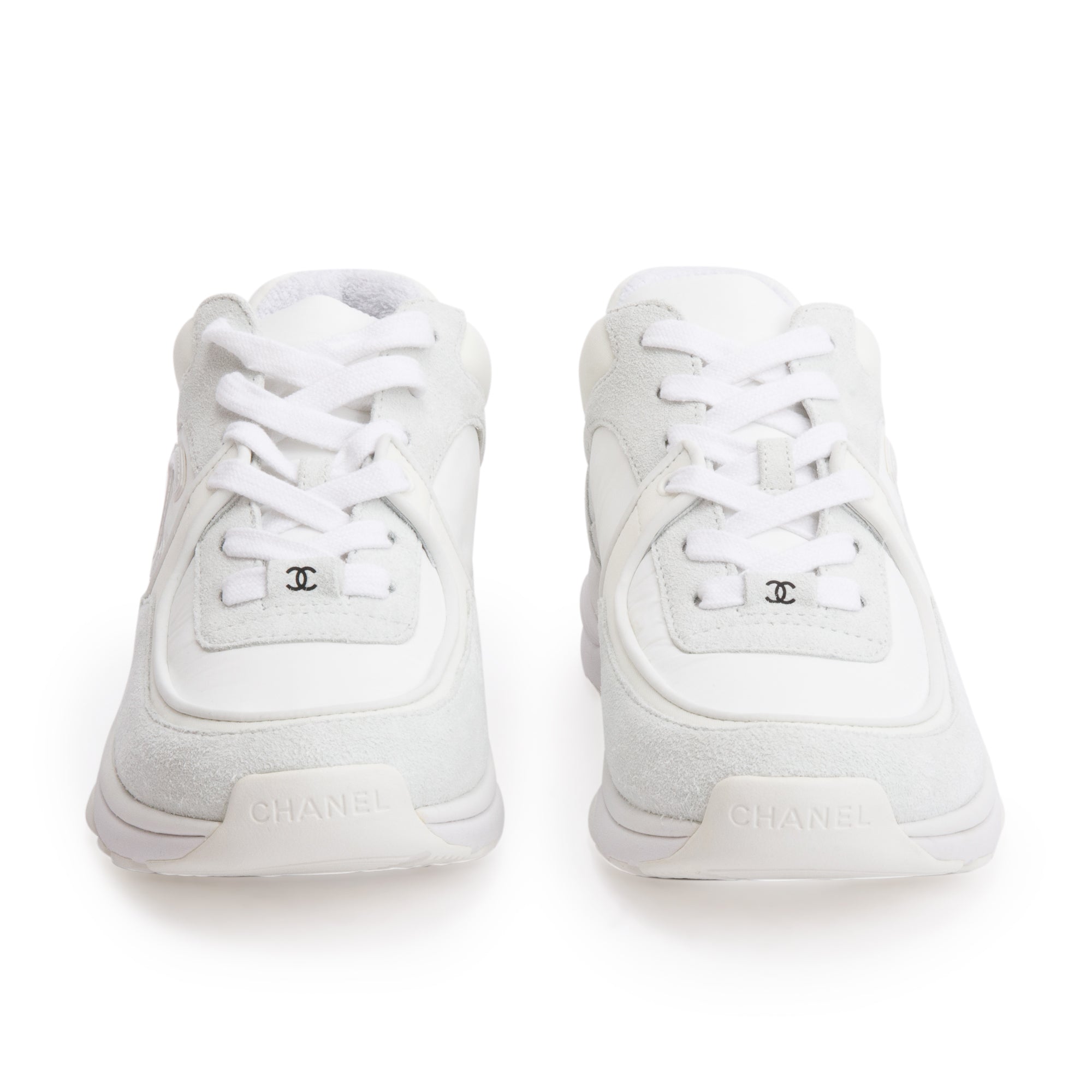 Chanel White Calfskin Nylon Suede CC Logo Sneakers, Size 37.5 w/ Box