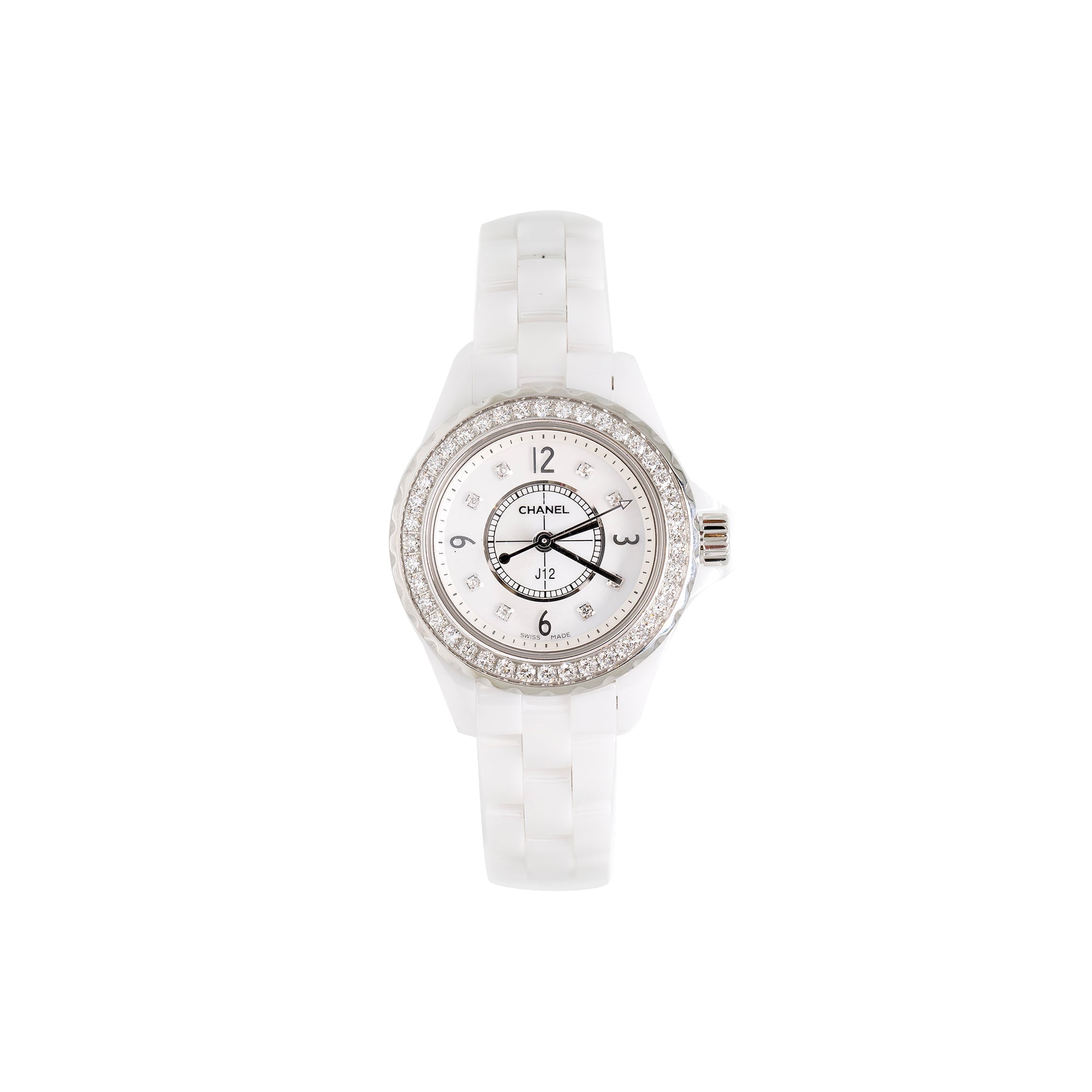 Chanel White Ceramic Diamond J12 29mm Watch w/ Box & Papers