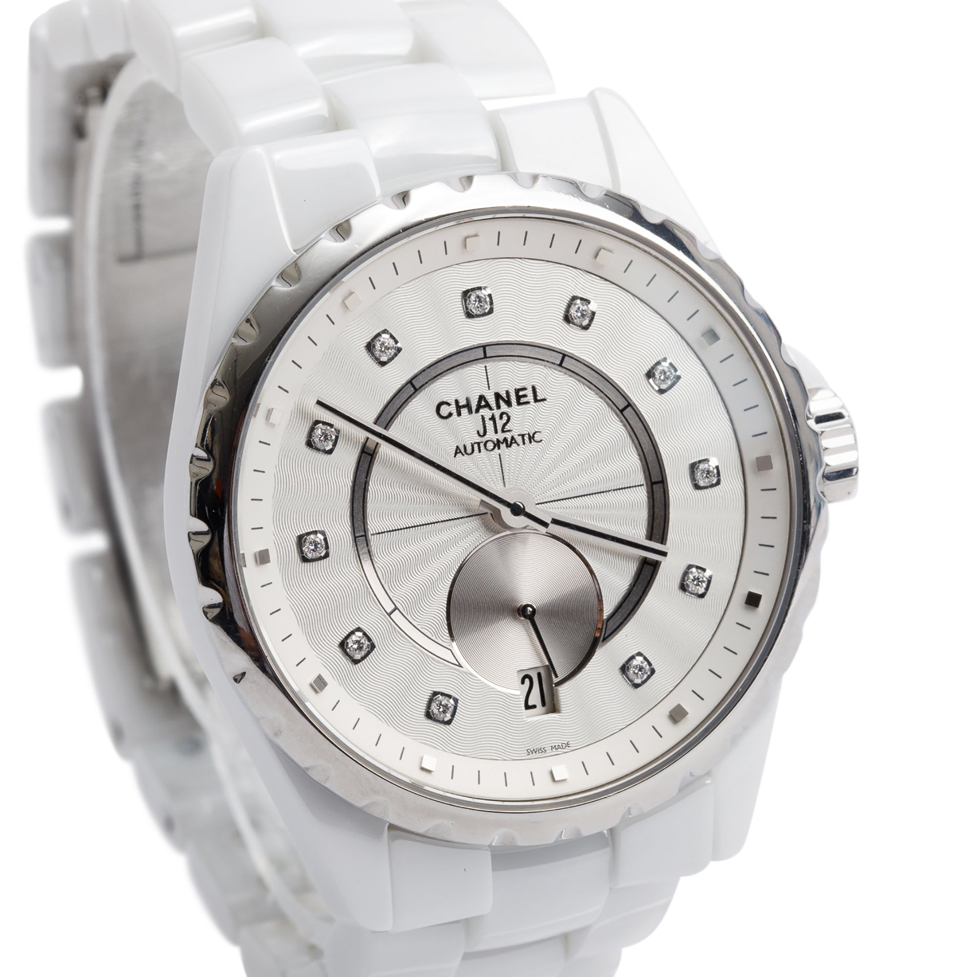 Chanel White Ceramic J12 36.5 MM Automatic Watch Silver Guilloche Diamond Dial w/ Box & Papers