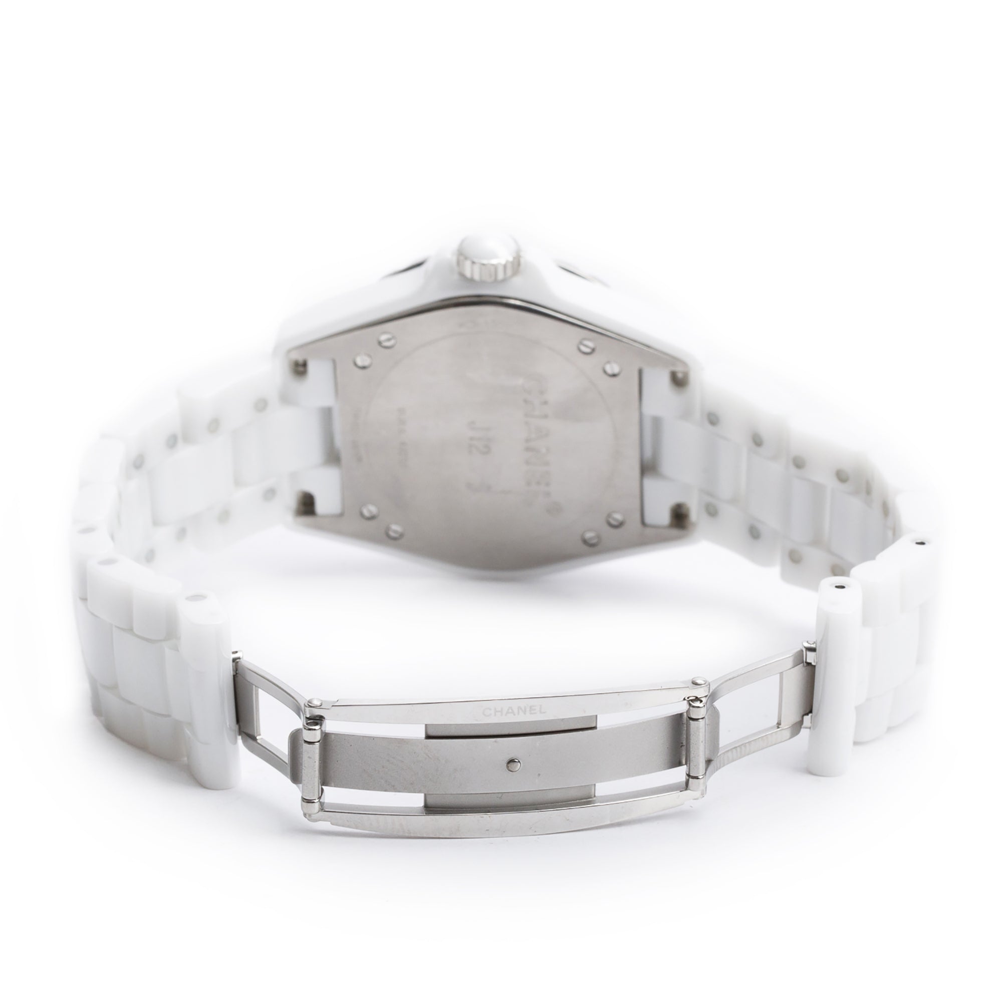 Chanel White Ceramic J12 36.5 MM Automatic Watch Silver Guilloche Diamond Dial w/ Box & Papers