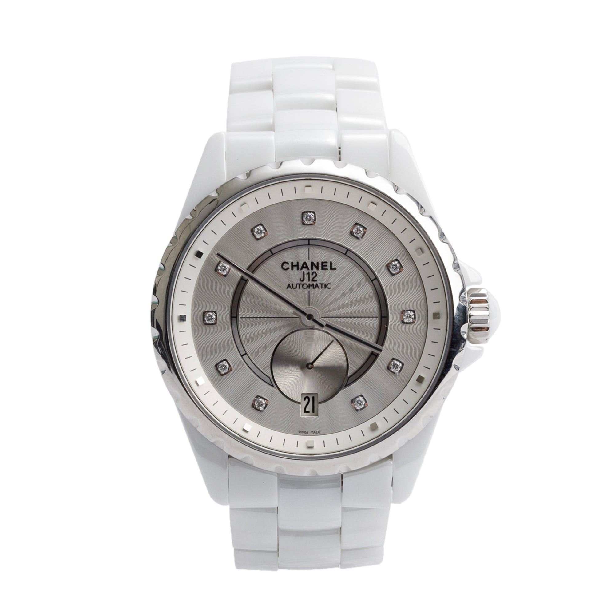 Chanel White Ceramic J12 36.5 MM Automatic Watch Silver Guilloche Diamond Dial w/ Box & Papers