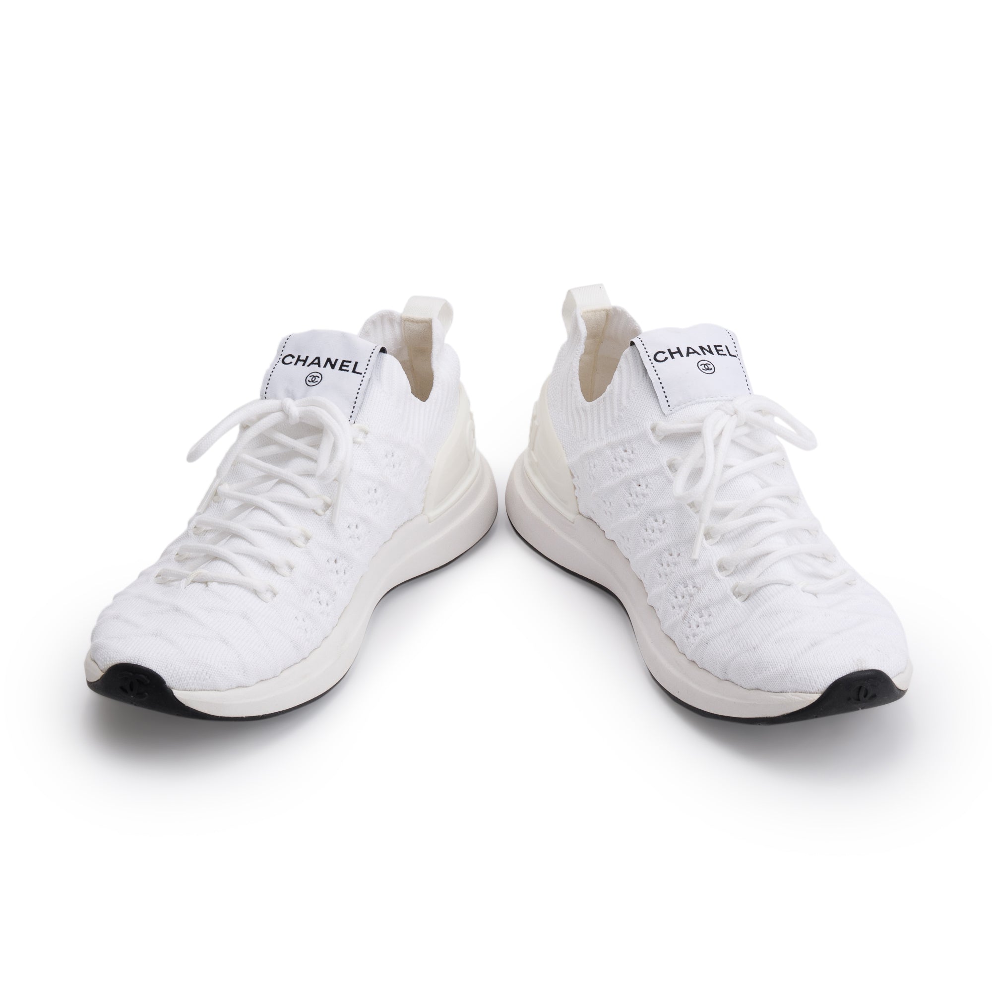 Chanel White Fabric Knit Sock Logo Sneakers, Size 37.5 w/ Box