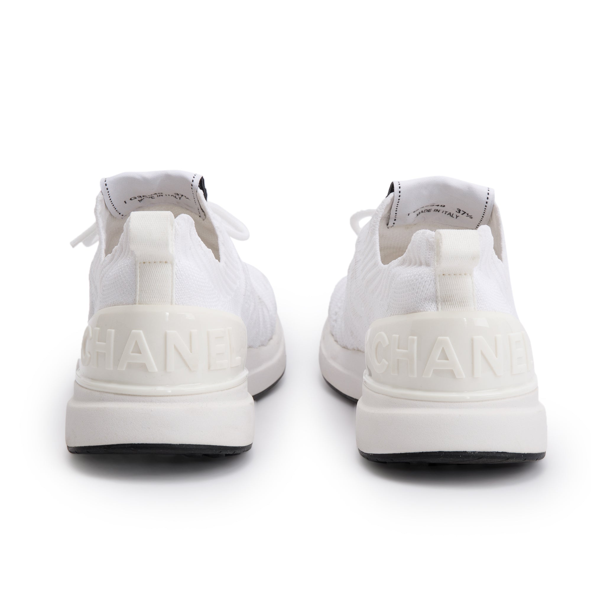 Chanel White Fabric Knit Sock Logo Sneakers, Size 37.5 w/ Box