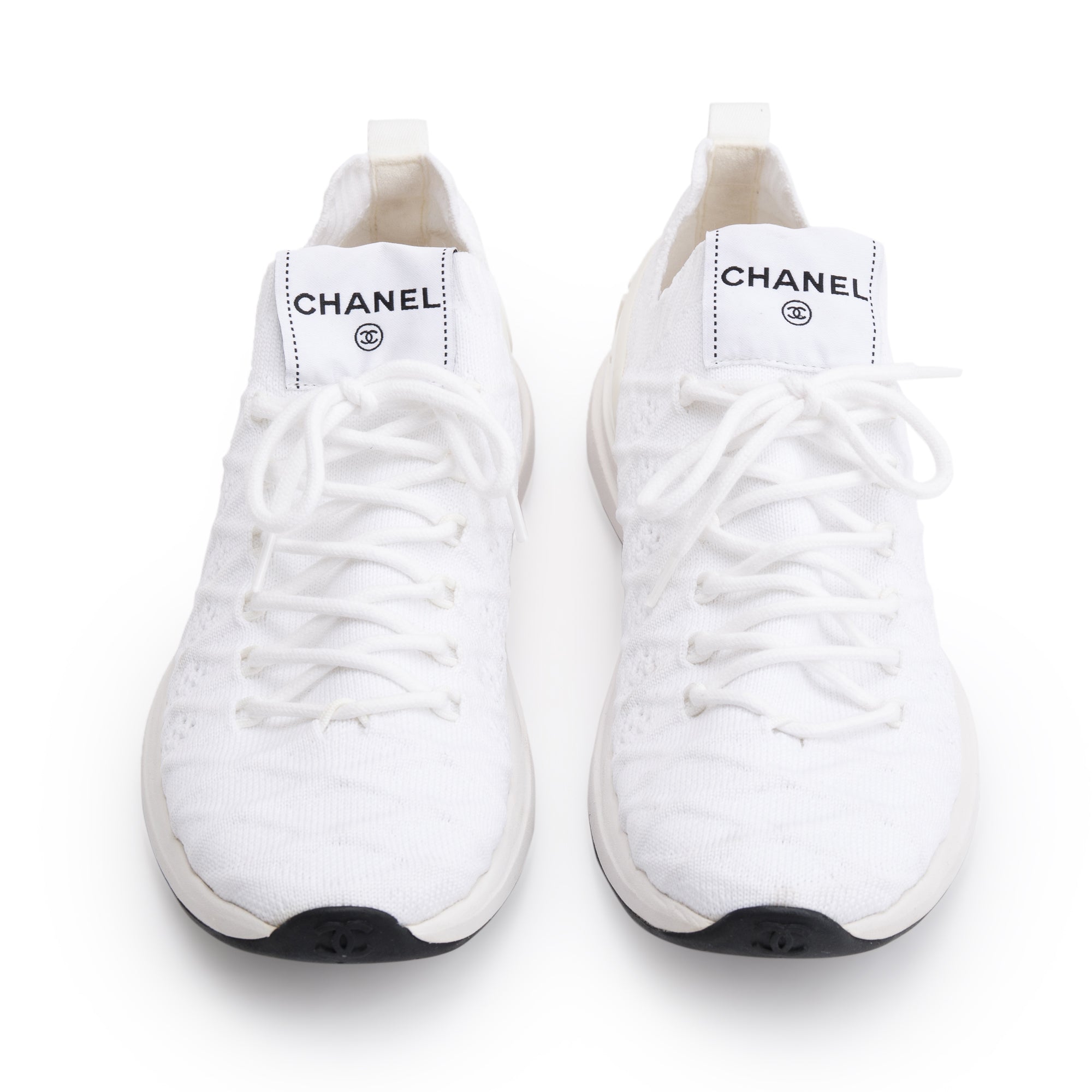 Chanel White Fabric Knit Sock Logo Sneakers, Size 37.5 w/ Box