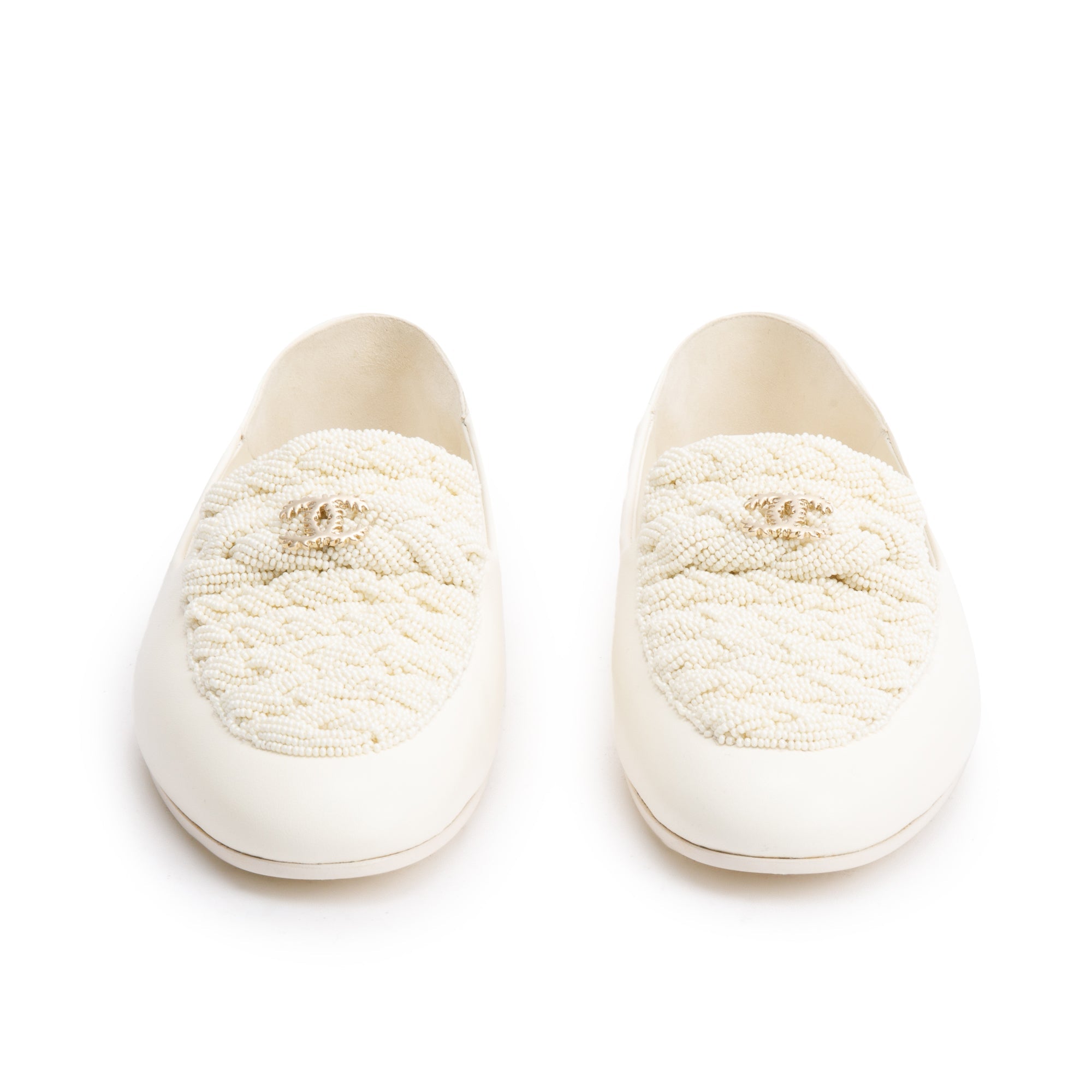 Chanel White Lambskin Leather CC Logo Beaded Loafer, Size 40 w/ Box