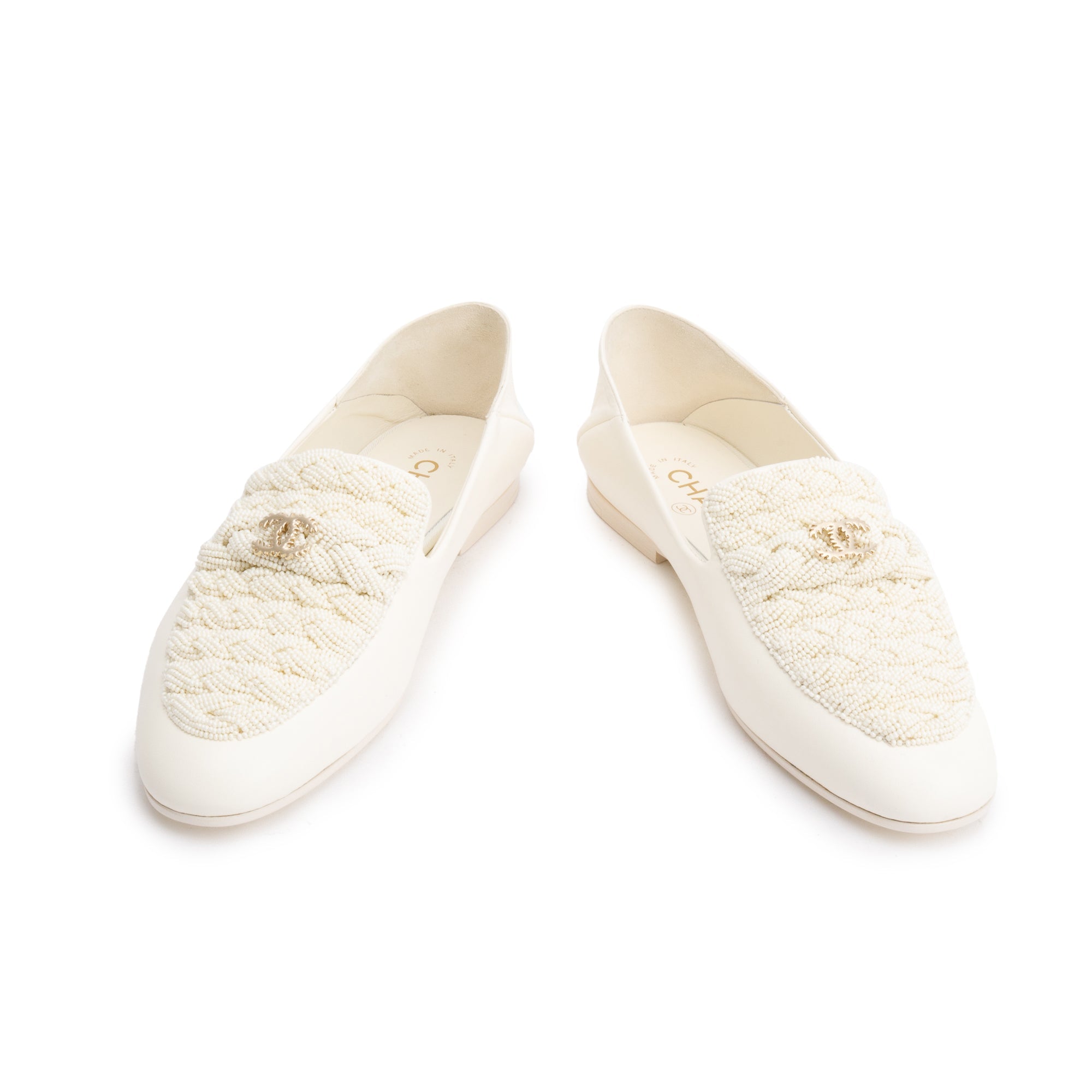 Chanel White Lambskin Leather CC Logo Beaded Loafer, Size 40 w/ Box