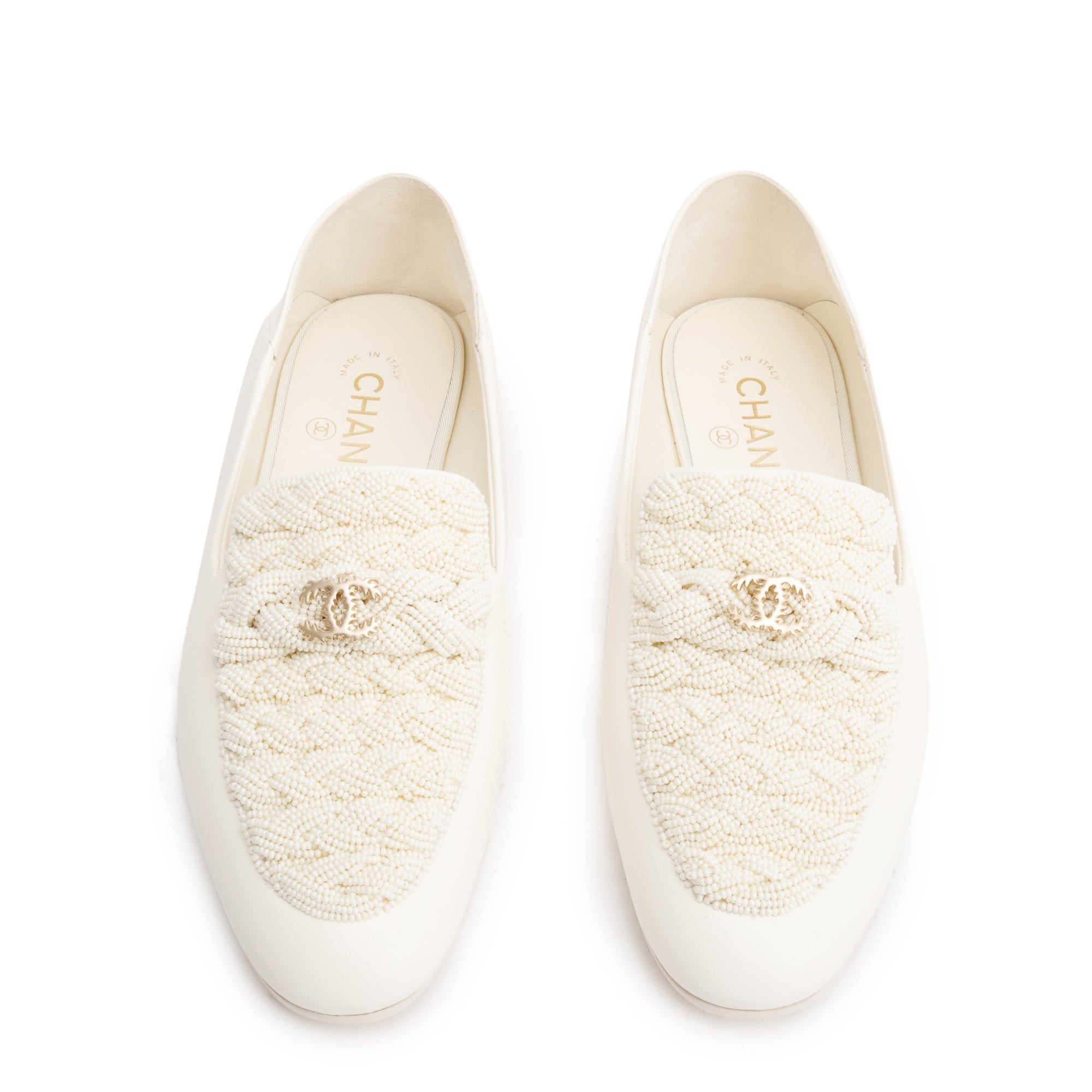 Chanel White Lambskin Leather CC Logo Beaded Loafer, Size 40 w/ Box