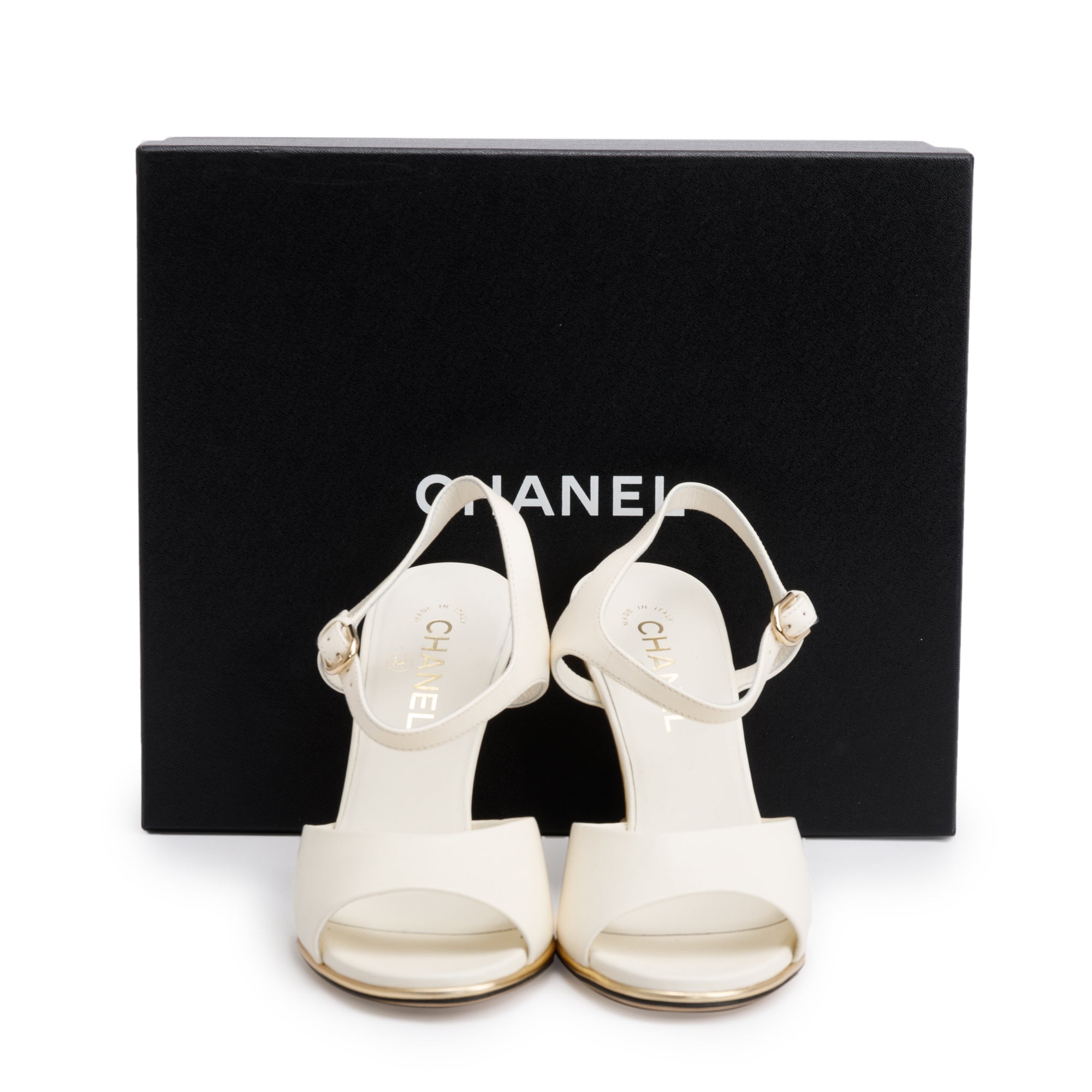 Chanel White Leather Lucite CC Wedge Sandals, Size 39.5 w/ Box