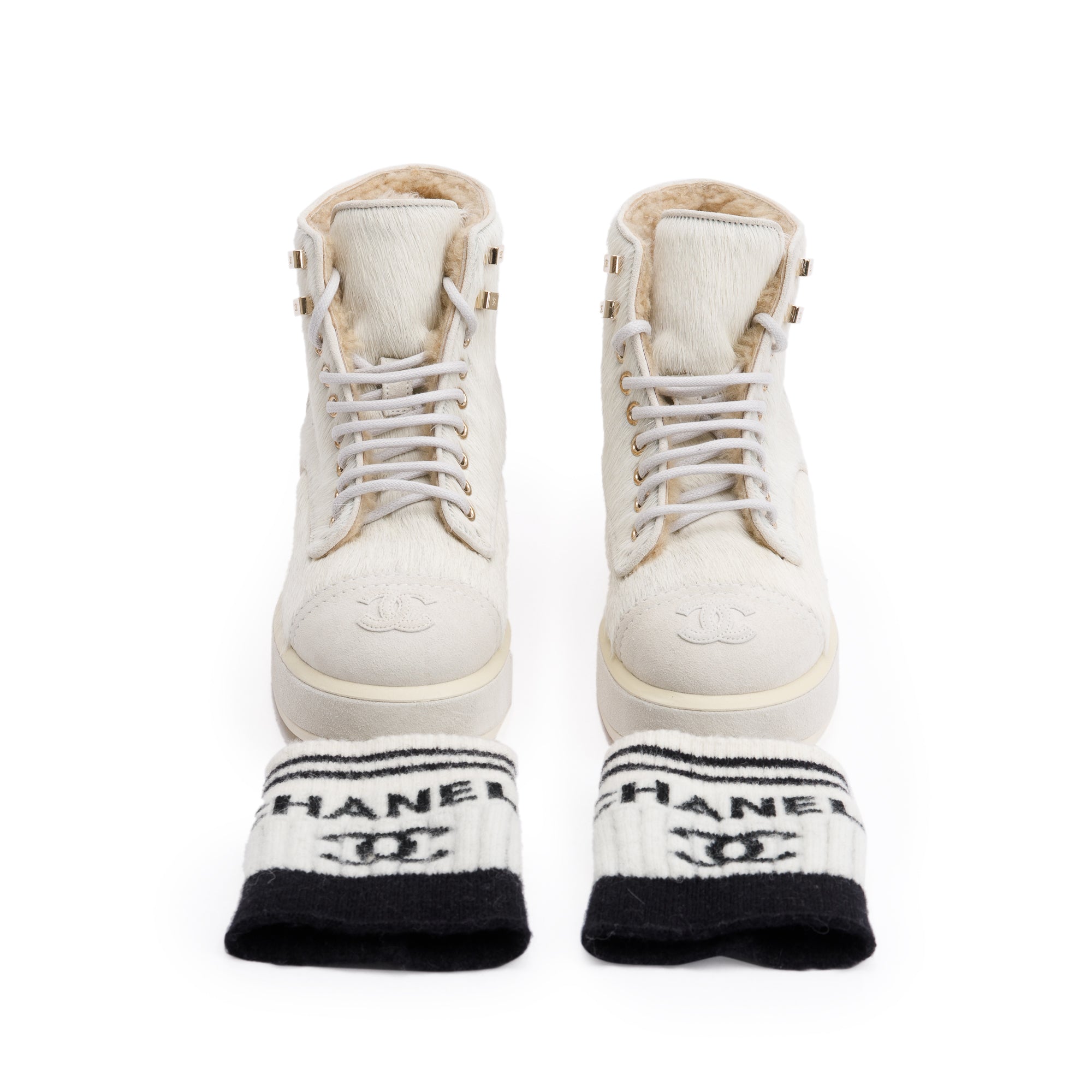Chanel White Pony Hair Suede Interlocking CC Logo Combat Boots, Size 35.5