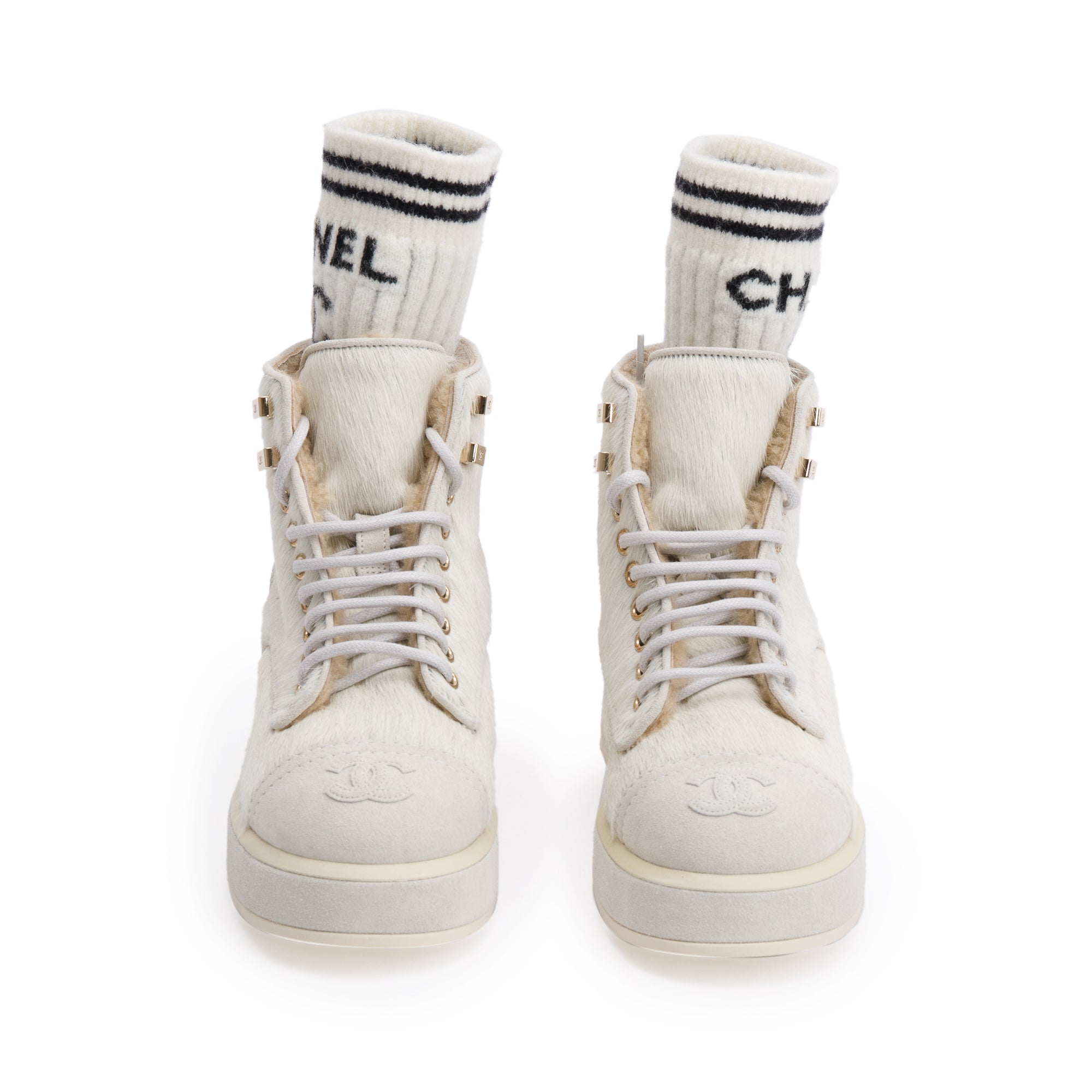 Chanel White Pony Hair Suede Interlocking CC Logo Combat Boots, Size 35.5