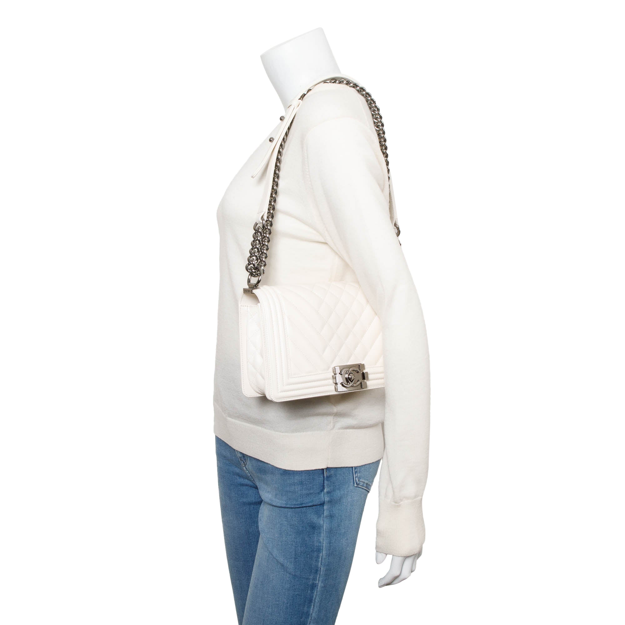 Chanel White Quilted Calfskin Leather Medium Boy Bag