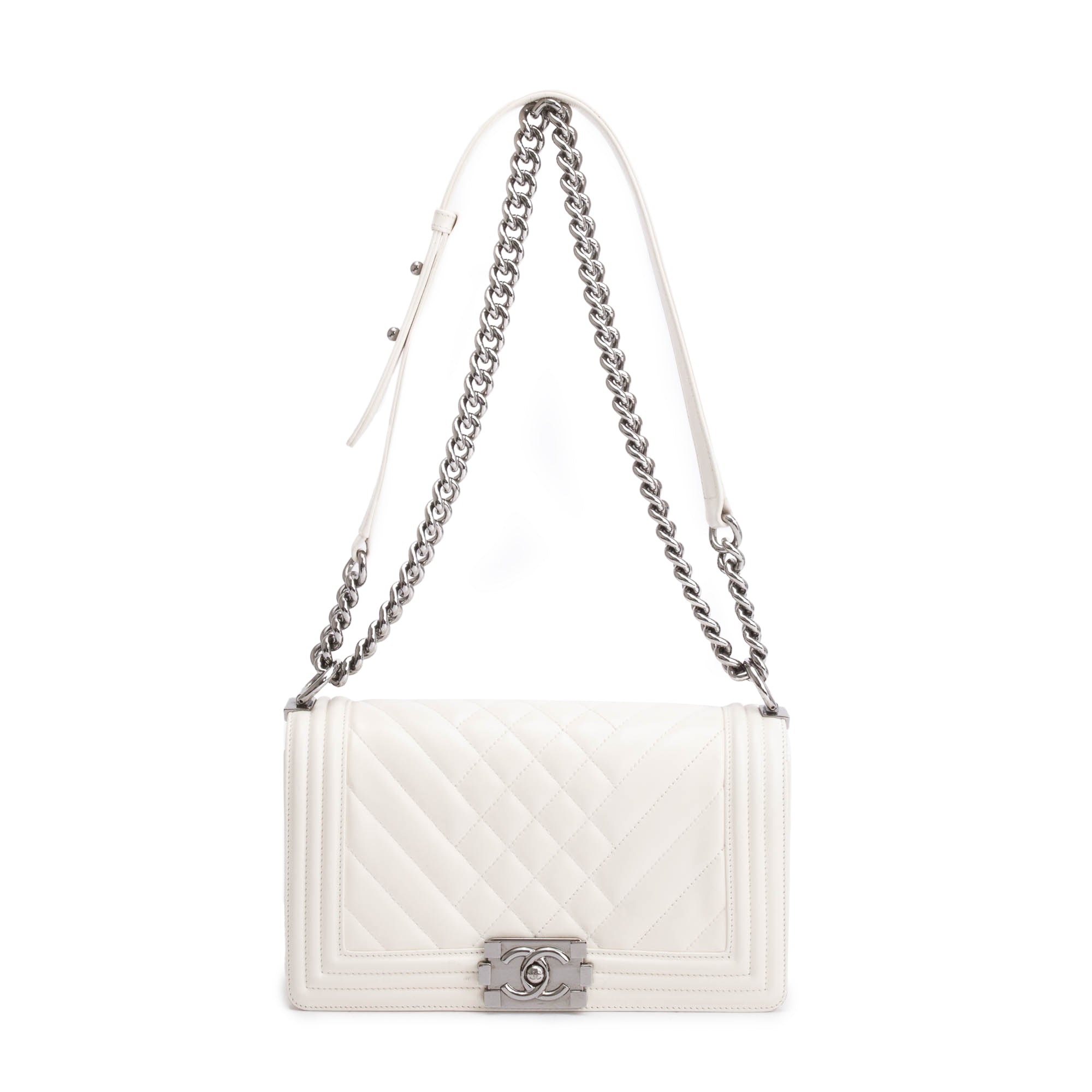 Chanel White Quilted Calfskin Leather Medium Boy Bag