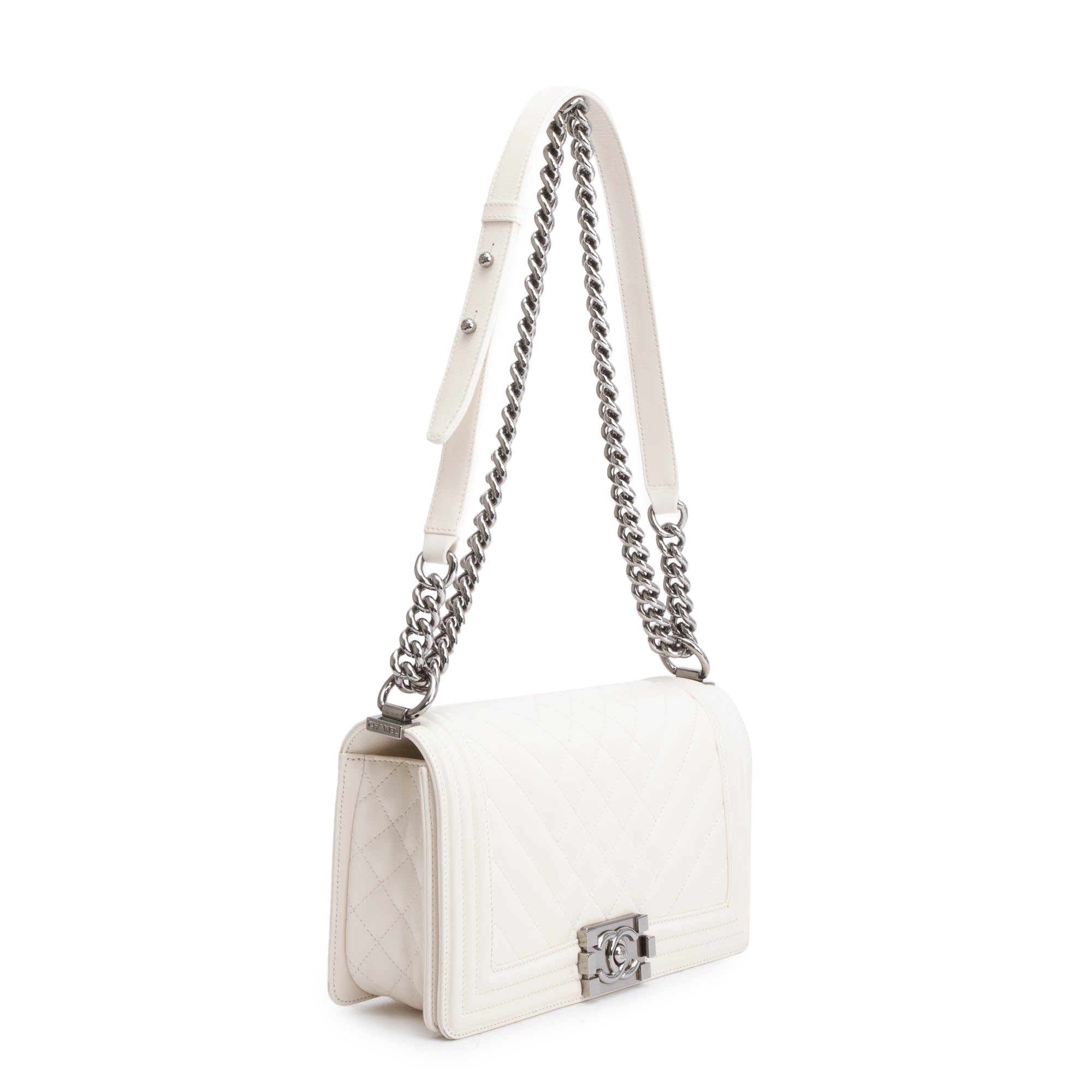 Chanel White Quilted Calfskin Leather Medium Boy Bag