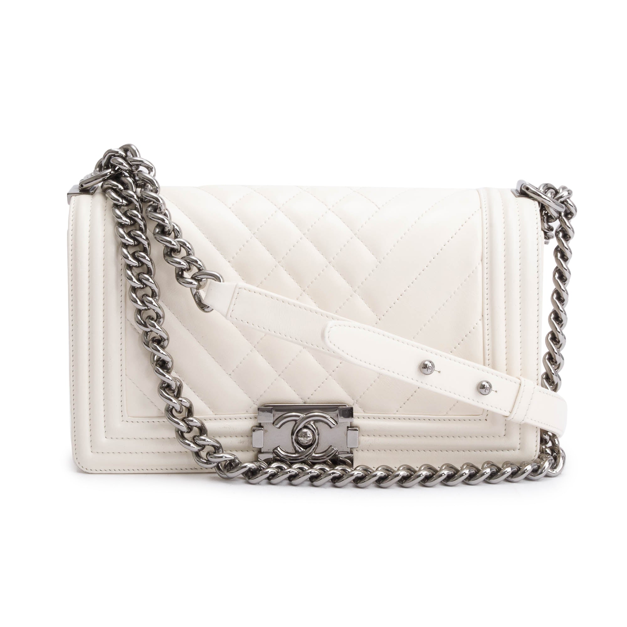 Chanel White Quilted Calfskin Leather Medium Boy Bag