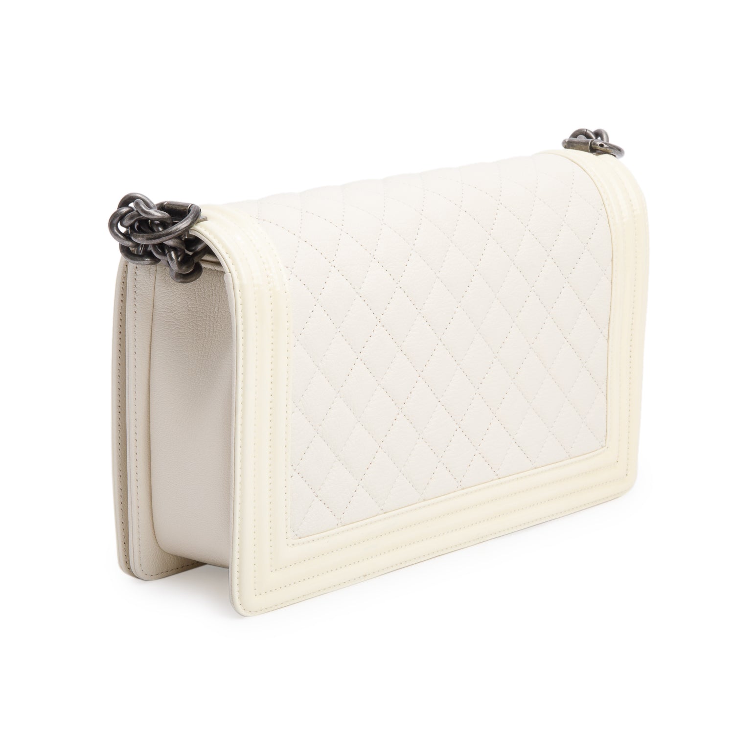 Chanel White Quilted Calfskin and Patent Leather Trim Large Boy Bag w/ Box & Receipt