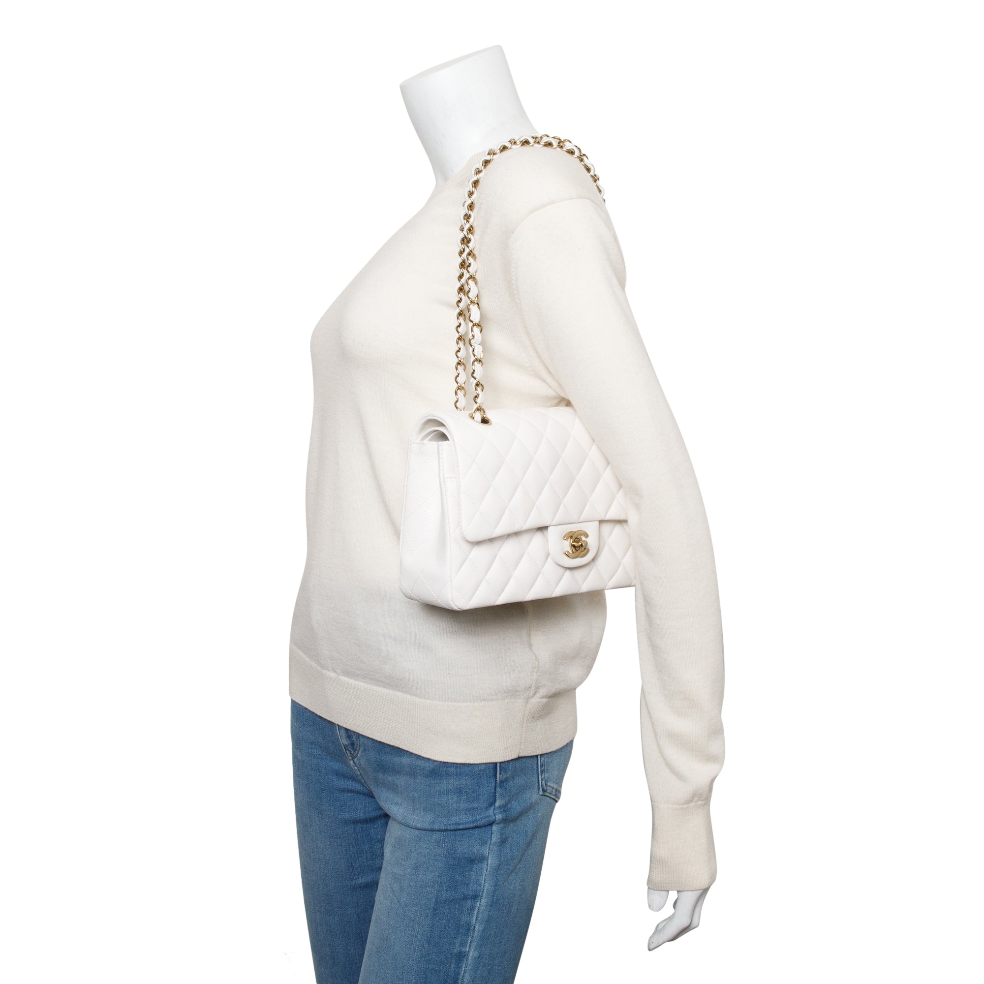 Chanel White Quilted Caviar Leather Classic Medium Double Flap Bag w/ Box