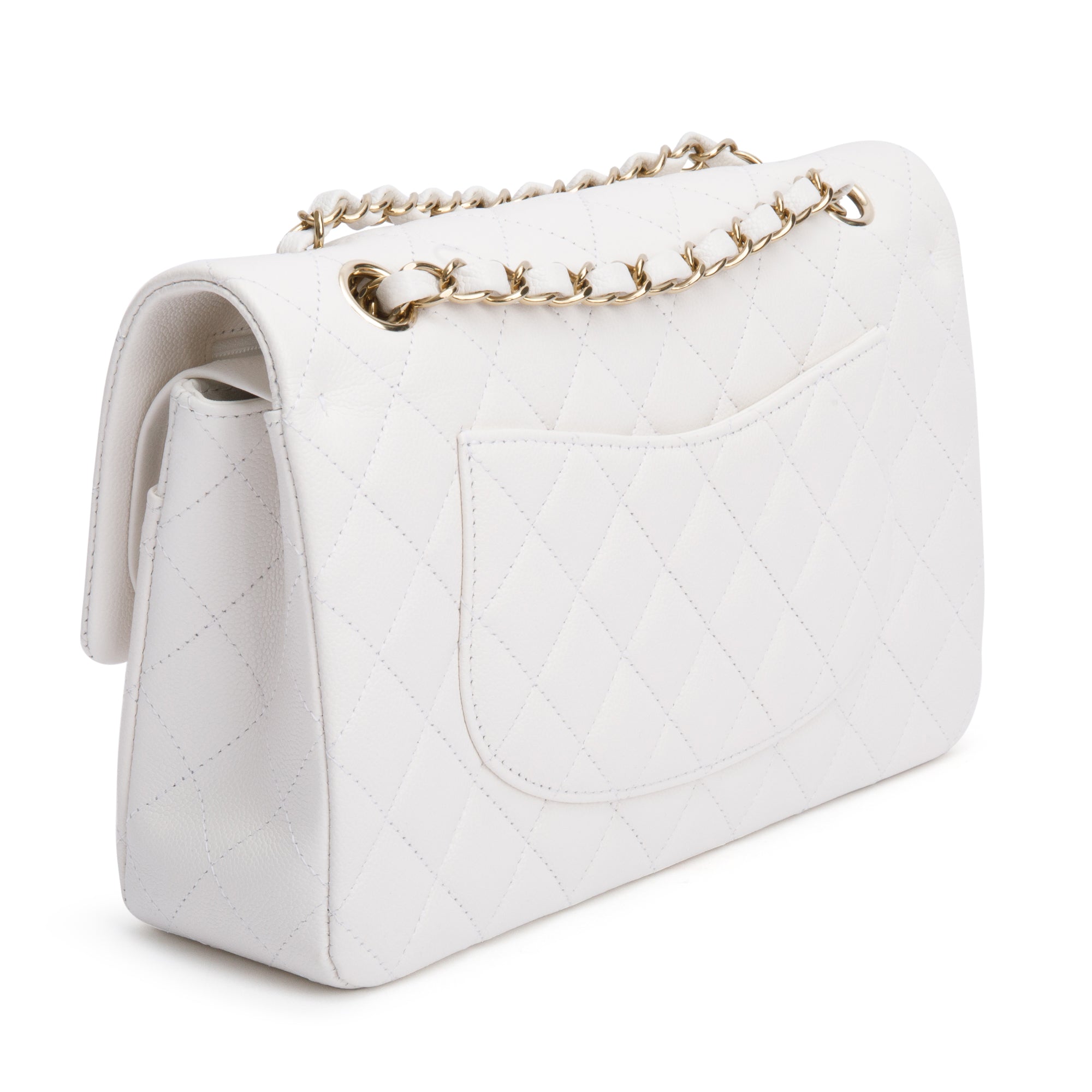 Chanel White Quilted Caviar Leather Classic Medium Double Flap Bag w/ Box