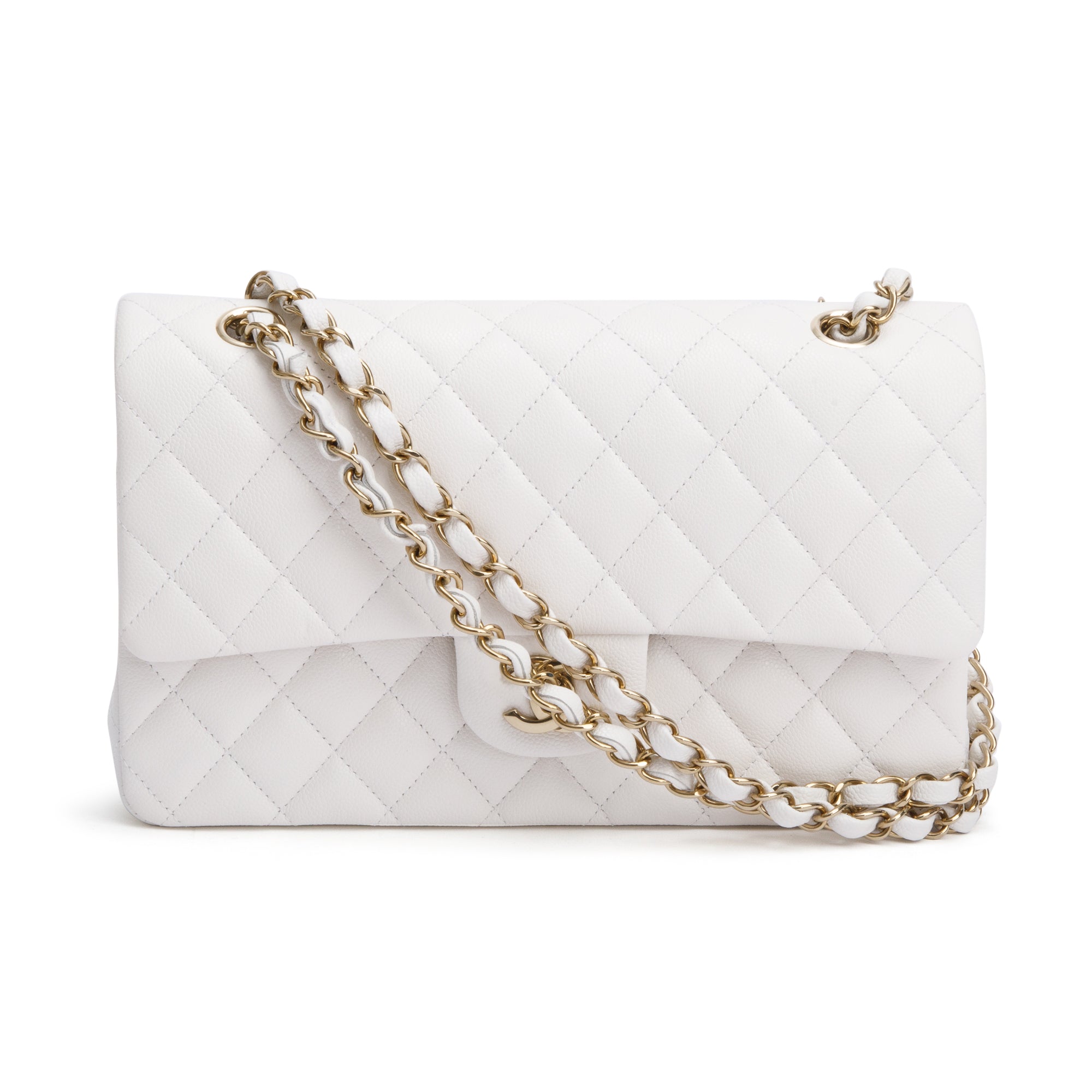 Chanel White Quilted Caviar Leather Classic Medium Double Flap Bag w/ Box