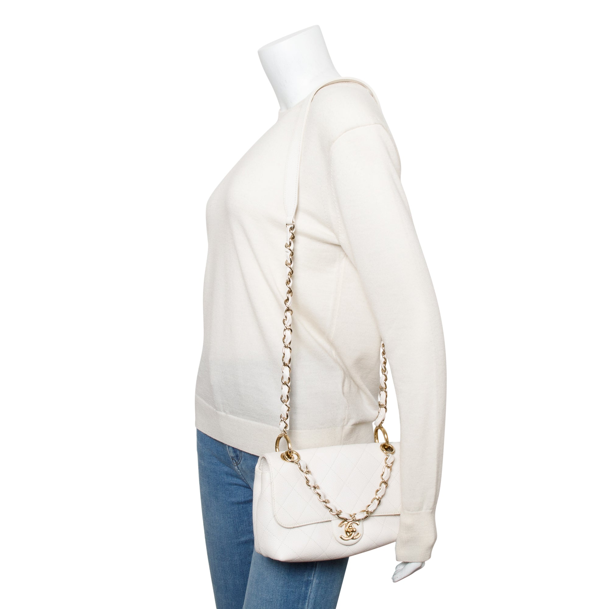 Chanel White Quilted Caviar Leather Small City Walk Flap Bag w/ Authenticity Card