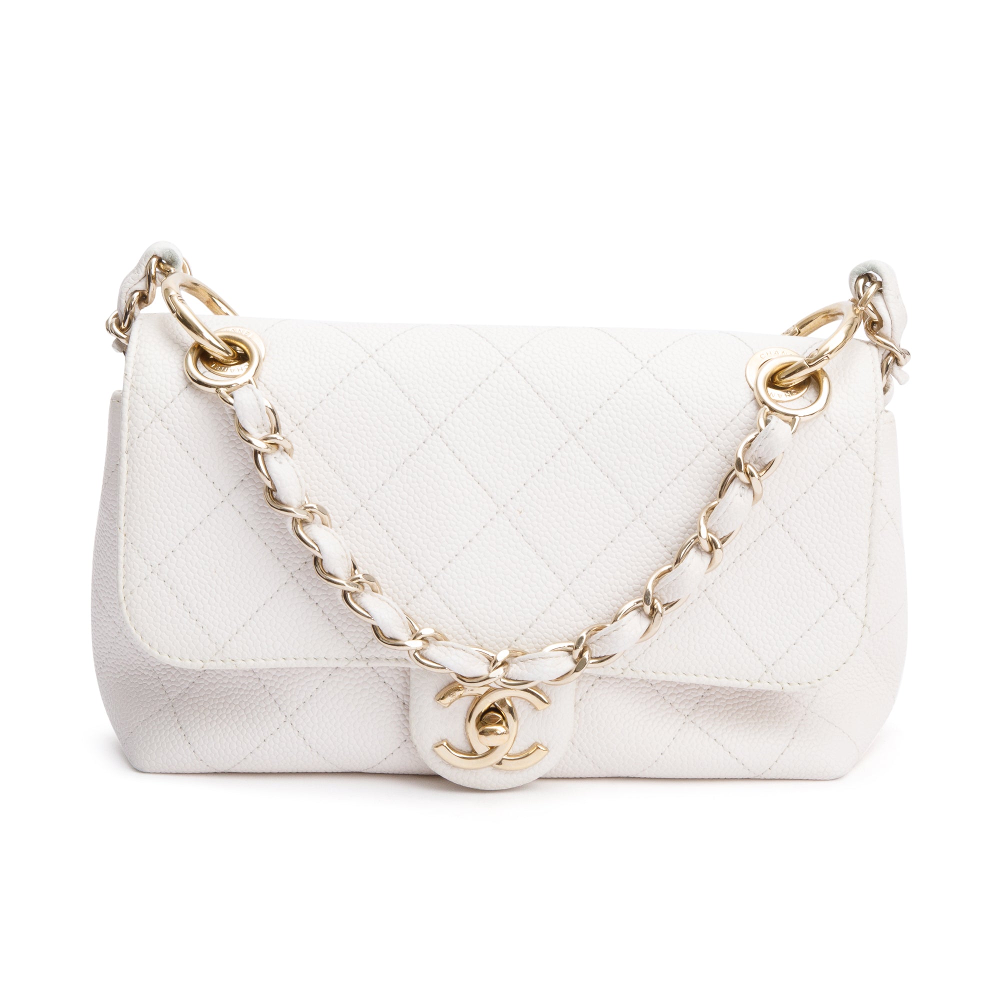 Chanel White Quilted Caviar Leather Small City Walk Flap Bag w/ Authenticity Card
