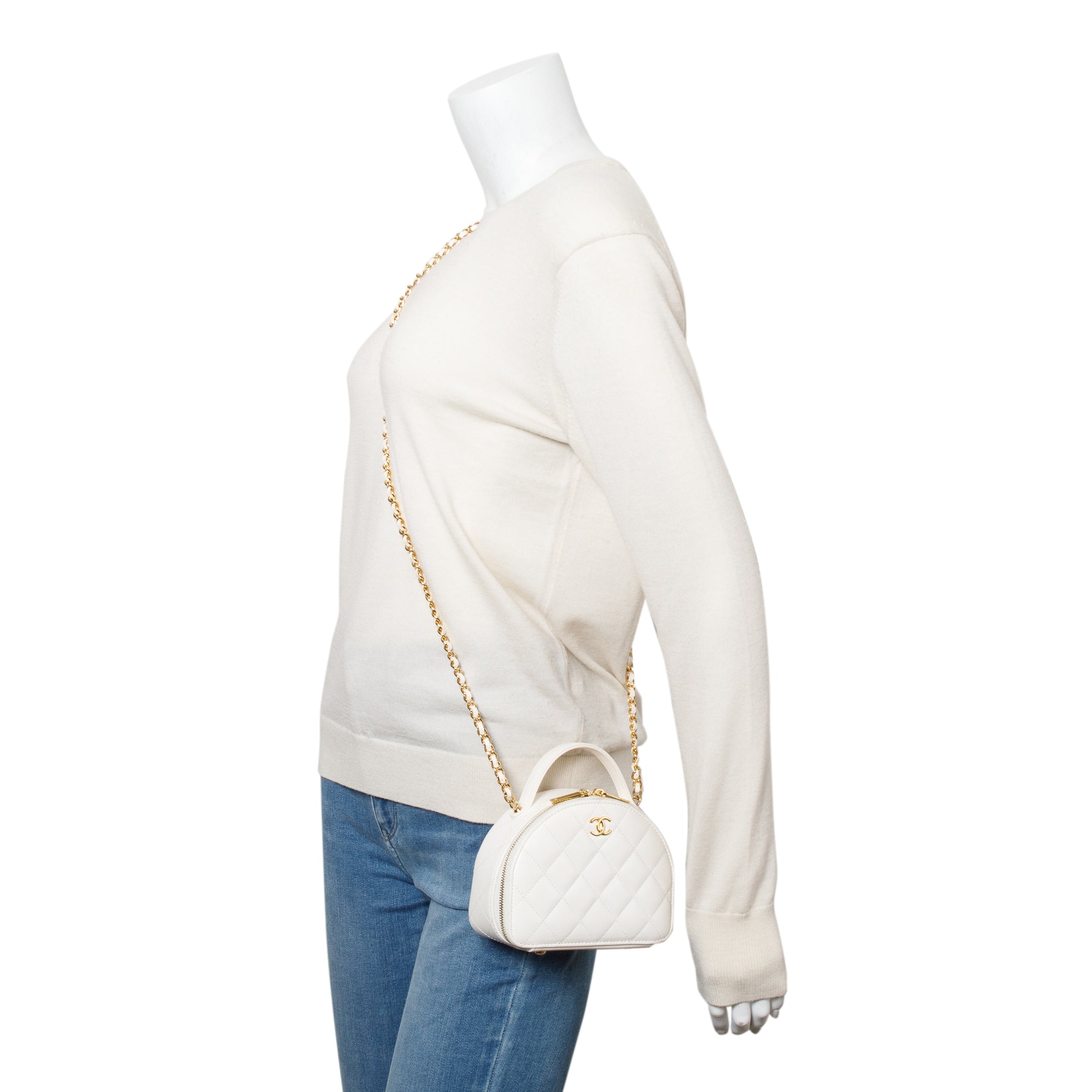 Chanel White Quilted Lambskin Leather Small Chic Riviera Top Handle Vanity Case