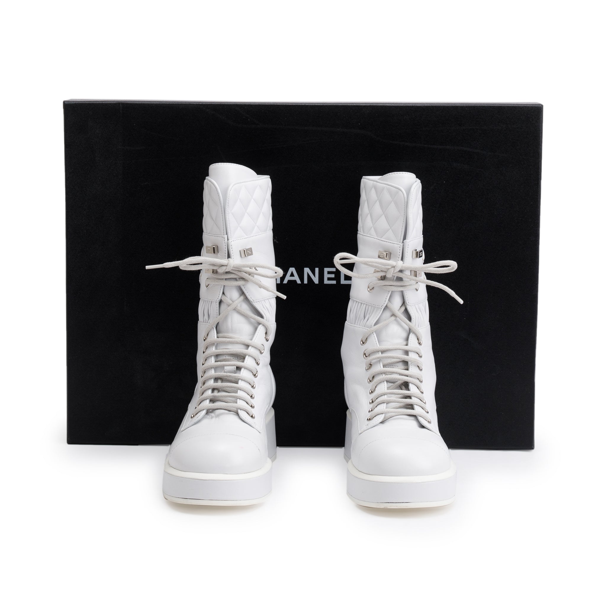 Chanel White Quilted Leather Interlocking CC Logo Combat Boots, Size 37 w/ Box