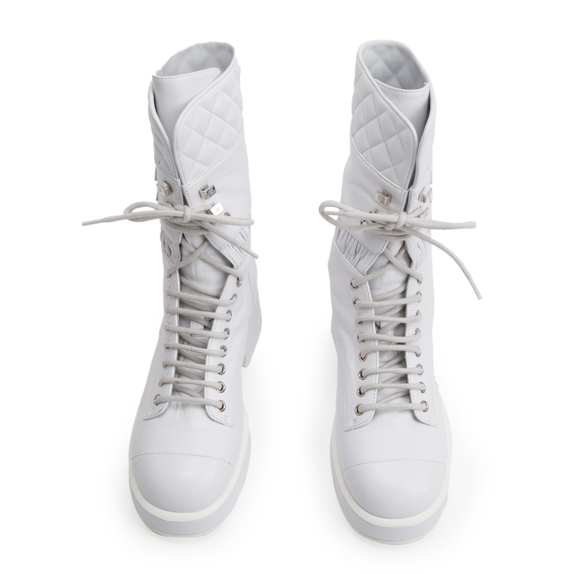 Chanel White Quilted Leather Interlocking CC Logo Combat Boots, Size 37 w/ Box