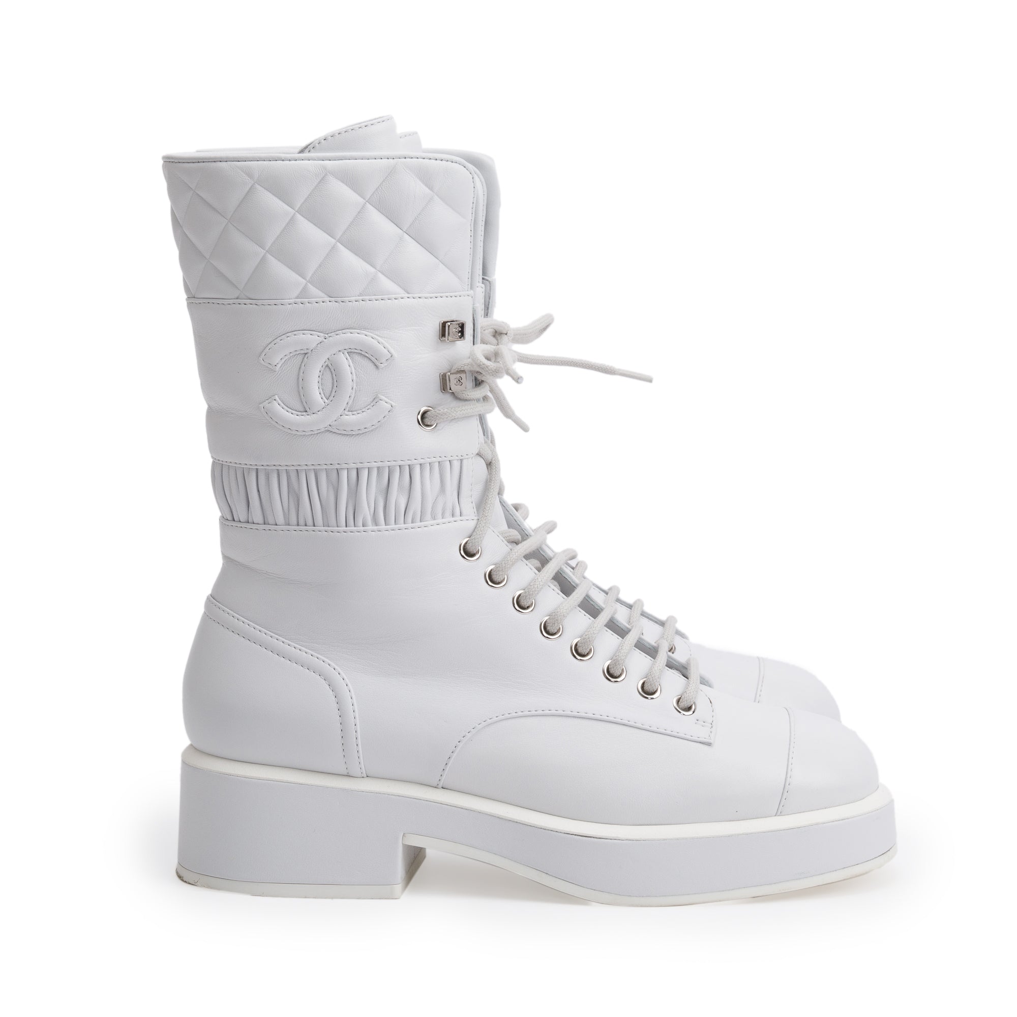 Chanel White Quilted Leather Interlocking CC Logo Combat Boots, Size 37 w/ Box