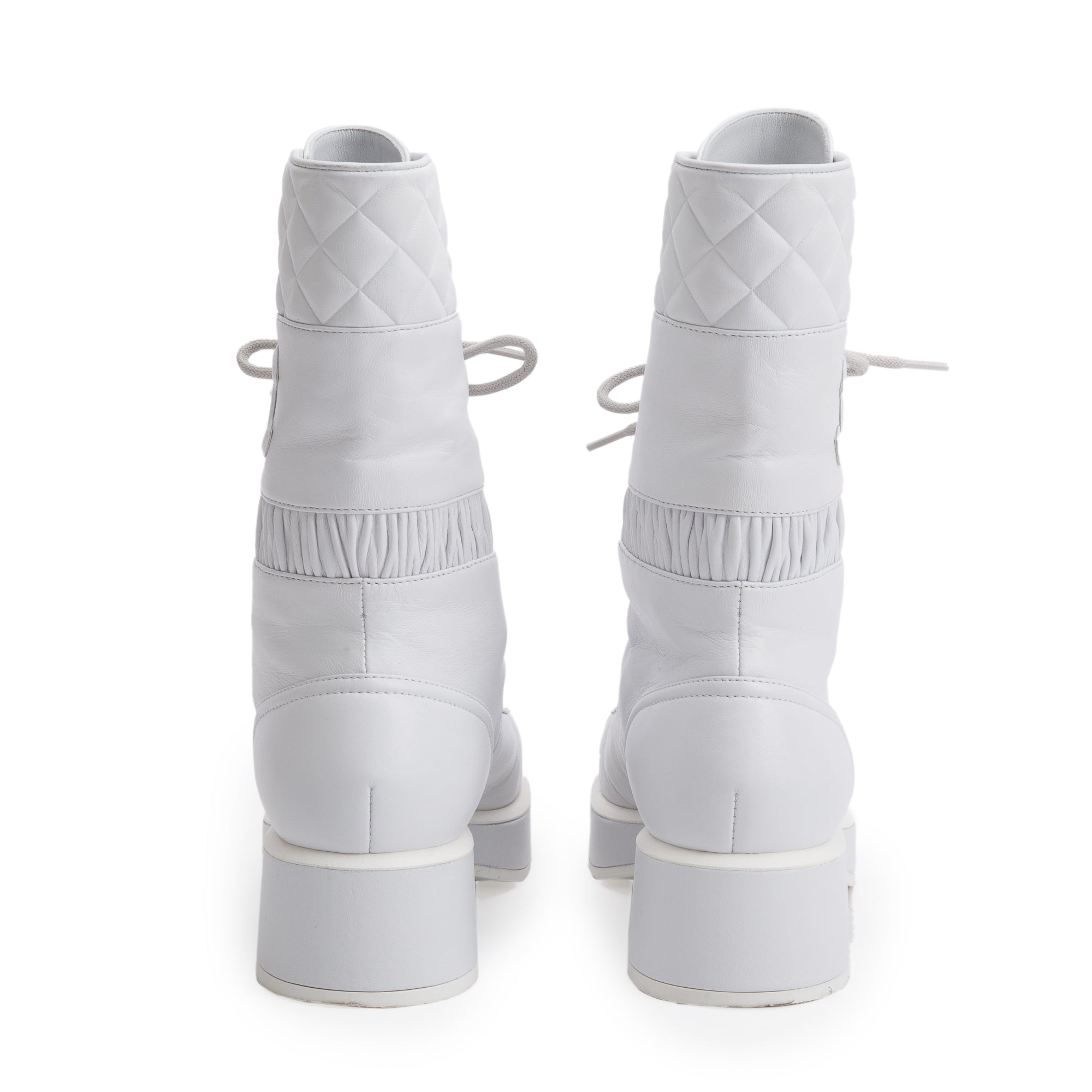 Chanel White Quilted Leather Interlocking CC Logo Combat Boots, Size 37 w/ Box