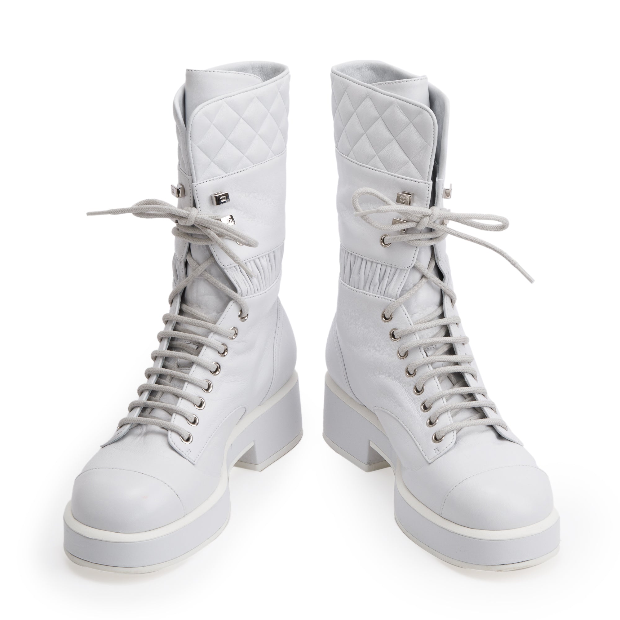 Chanel White Quilted Leather Interlocking CC Logo Combat Boots, Size 37 w/ Box