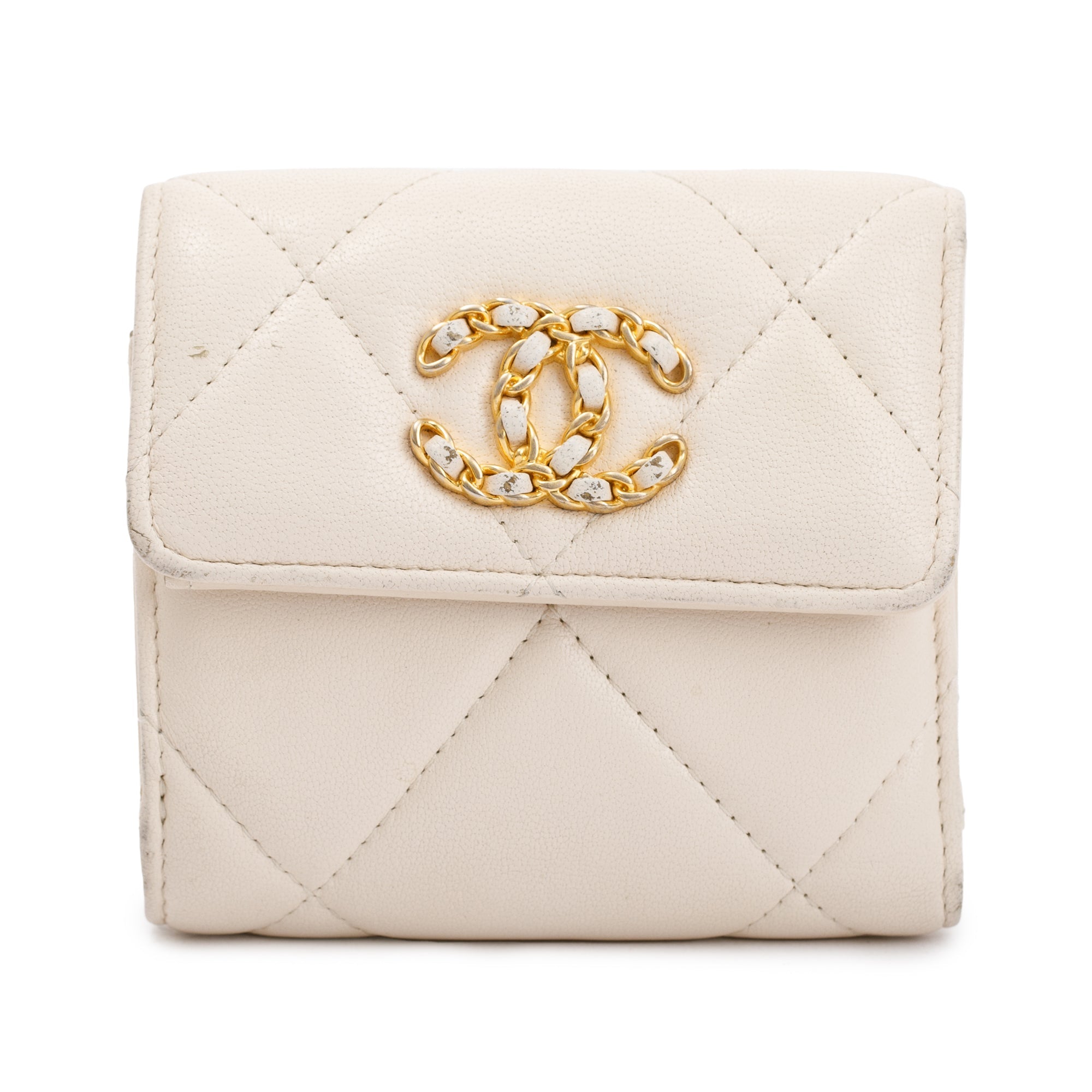 Chanel White Quilted Leather Small 19 Flap Wallet w/ Authenticity Card