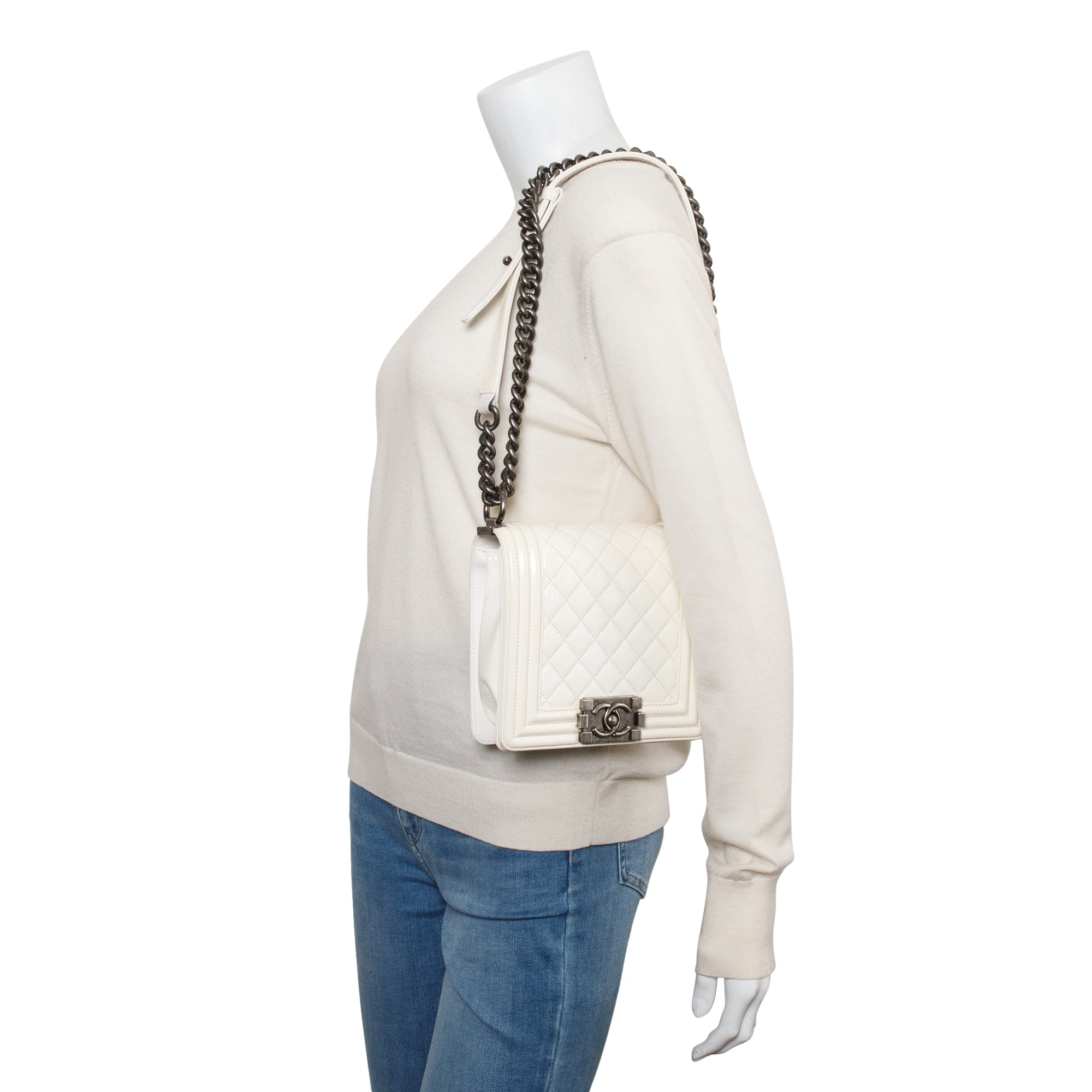 Chanel White Quilted Leather Small Gentle Boy Bag w/ Authenticity Card