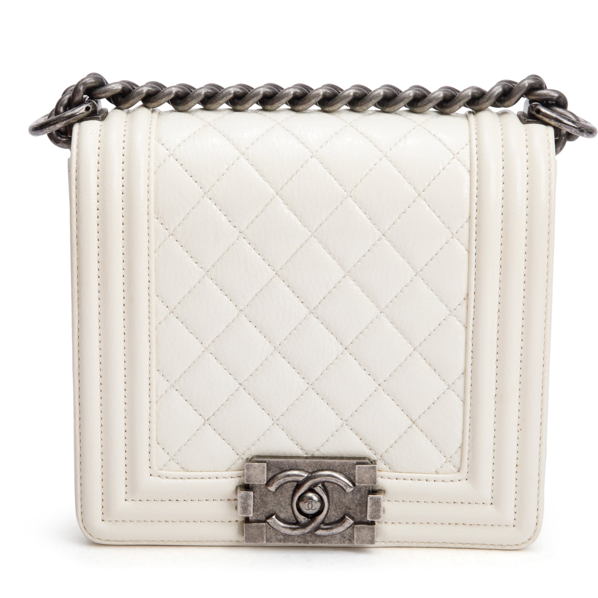 Chanel White Quilted Leather Small Gentle Boy Bag w/ Authenticity Card
