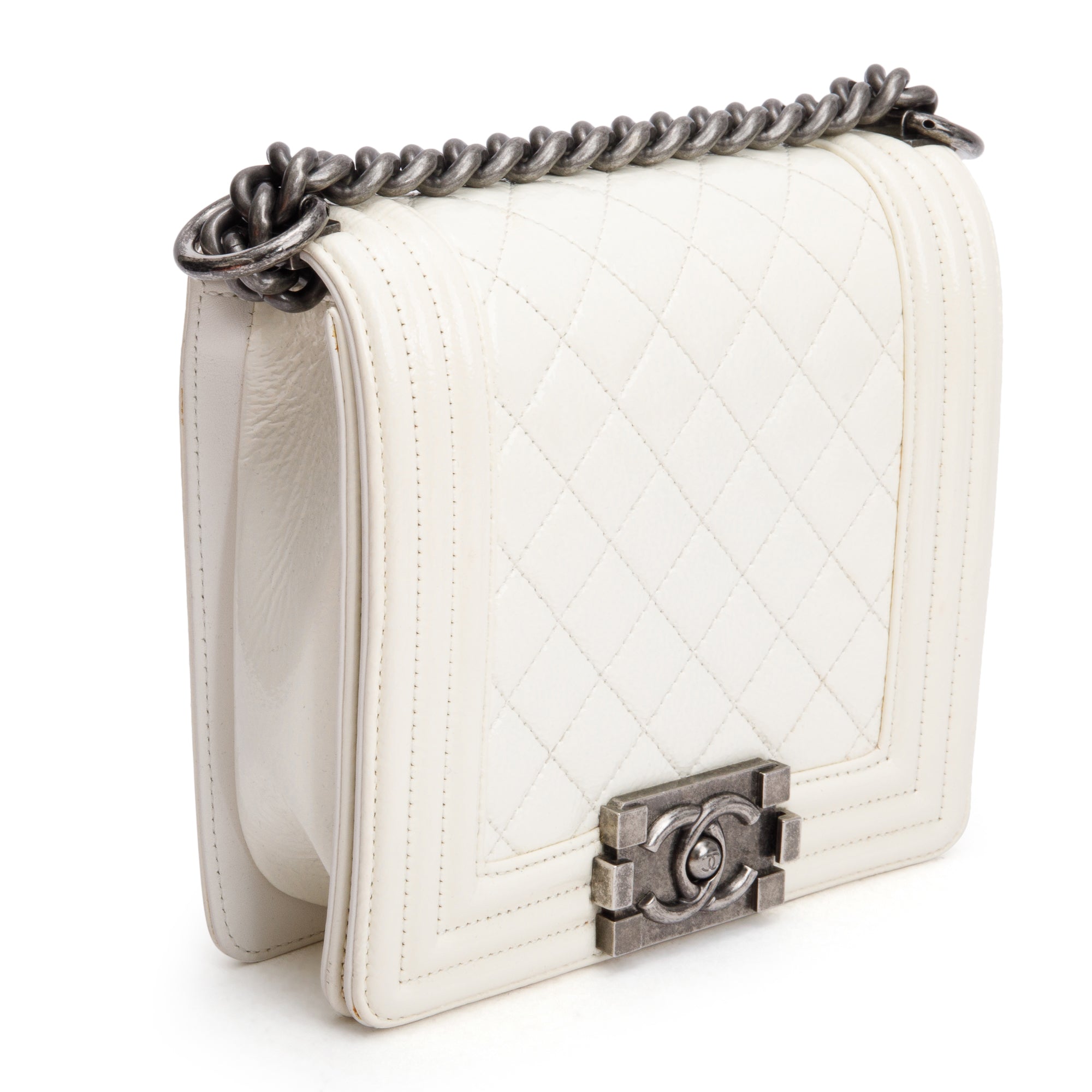 Chanel White Quilted Leather Small Gentle Boy Bag w/ Authenticity Card