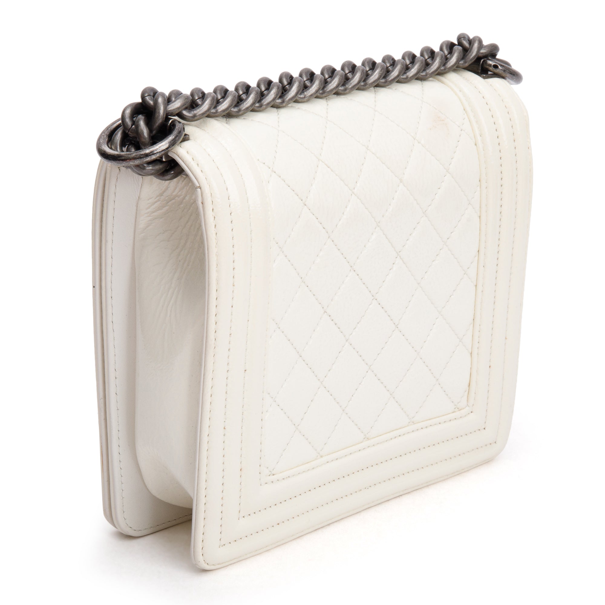 Chanel White Quilted Leather Small Gentle Boy Bag w/ Authenticity Card