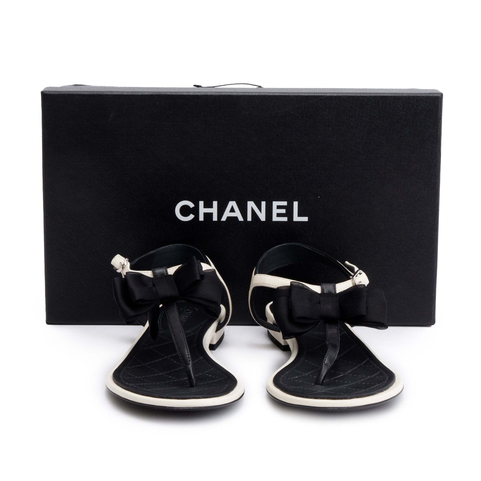 Chanel White/Black Leather Bow T-Strap Sandals, Size 36.5 w/ Box