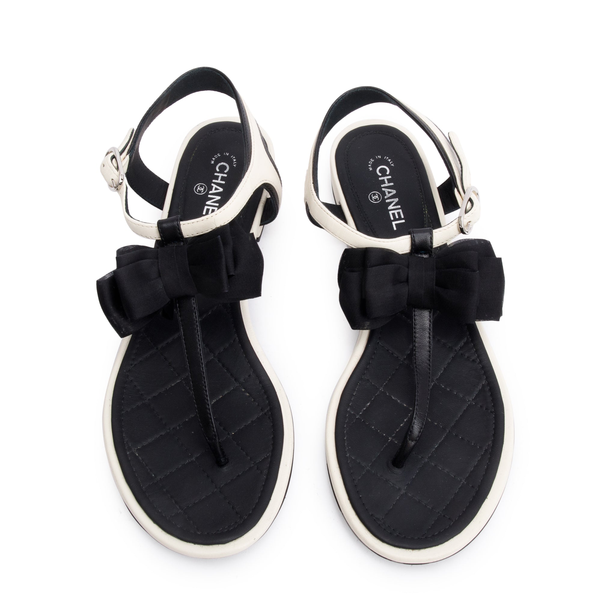 Chanel White/Black Leather Bow T-Strap Sandals, Size 36.5 w/ Box
