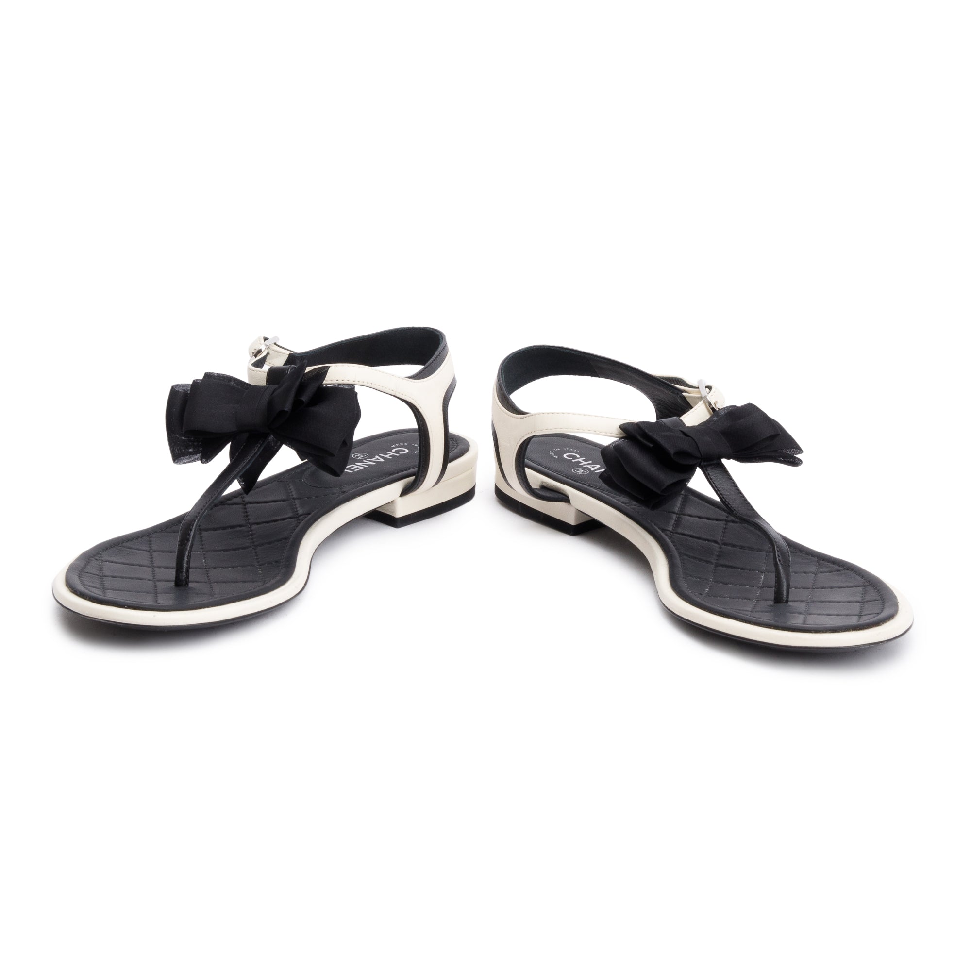 Chanel White/Black Leather Bow T-Strap Sandals, Size 36.5 w/ Box