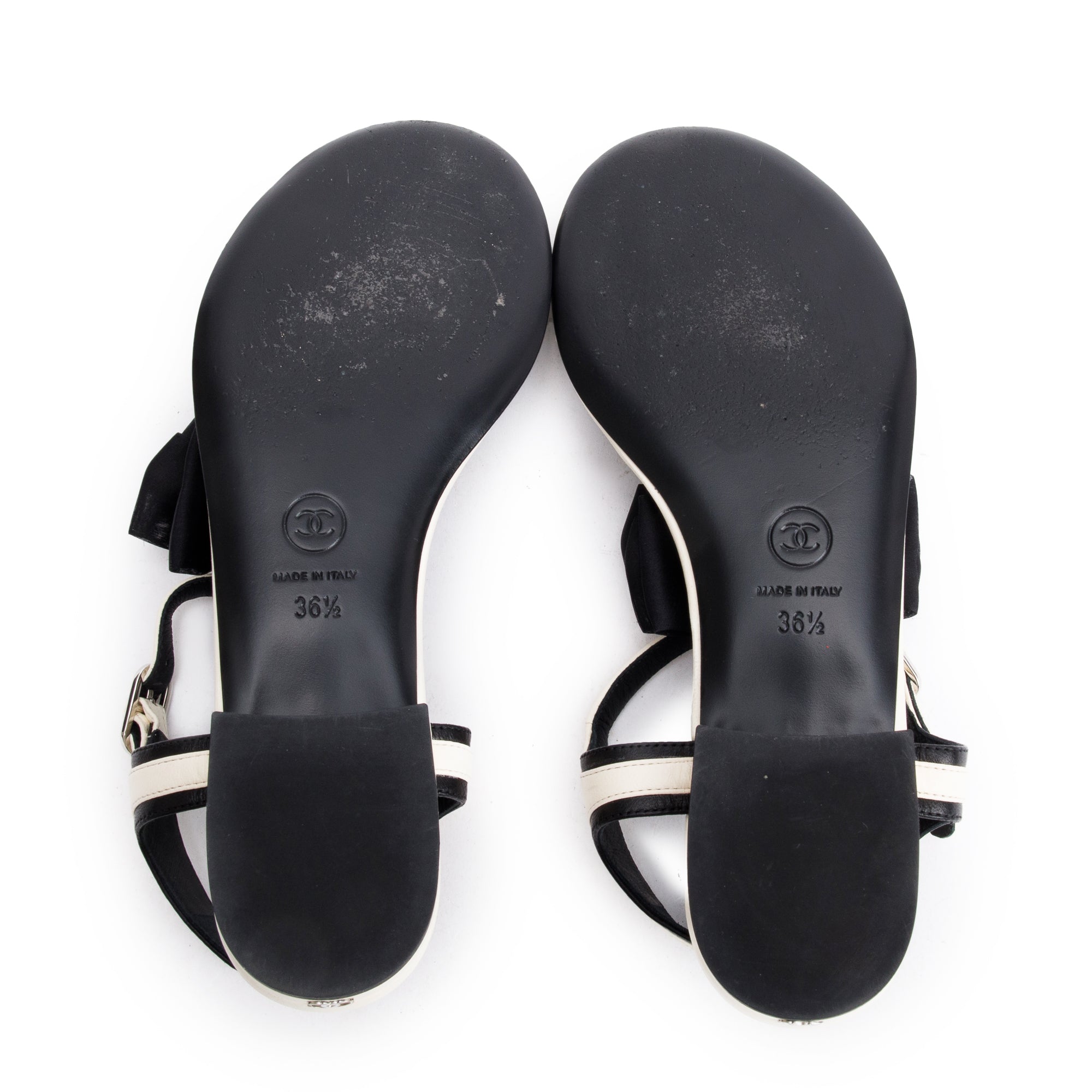 Chanel White/Black Leather Bow T-Strap Sandals, Size 36.5 w/ Box