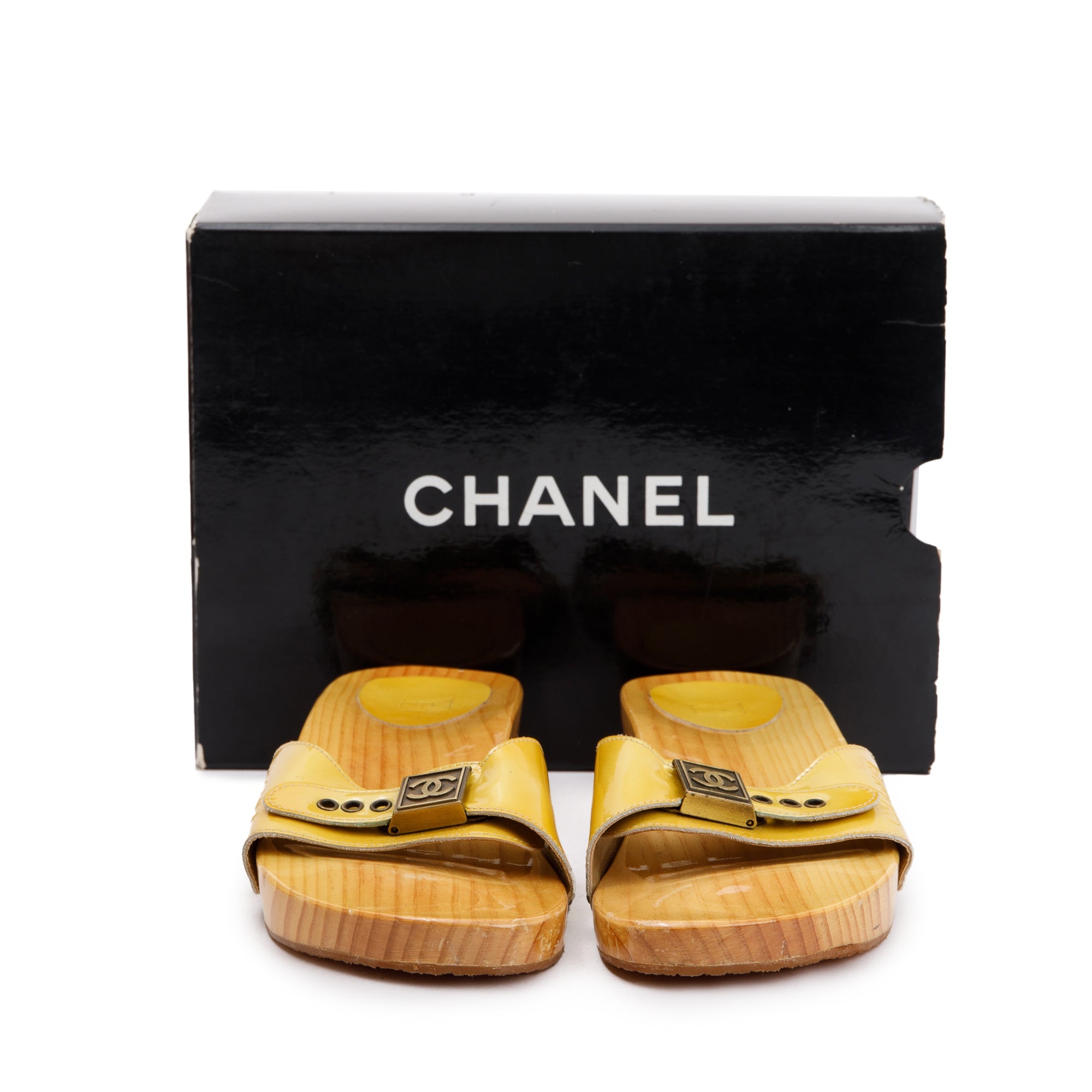 Chanel Wooden Yellow Patent Leather Interlocking CC Logo Clog Slides, Size 42